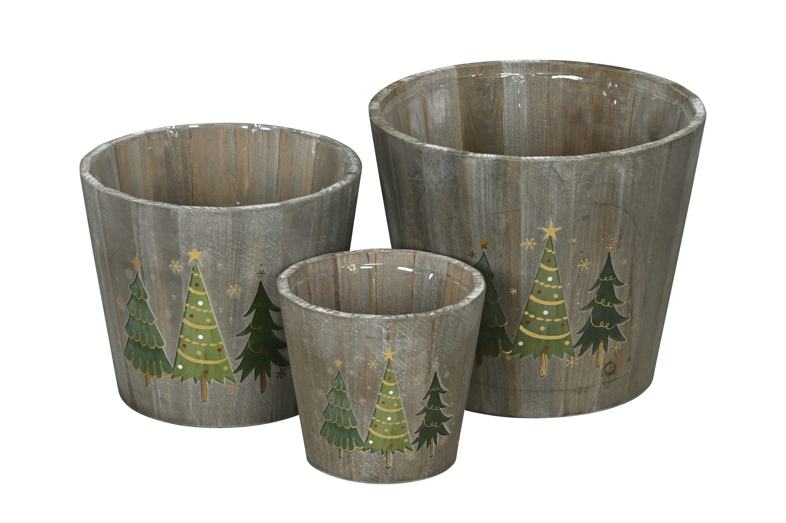 finehomegarden Blumentopf Holz Set/3 Tanne Übertopf grau-grün Ø12+18+22cm H12+16+19cm (Set, 3 St., 3er Set), Blumentopf Dekoratives Pflanzen Festliche Deko