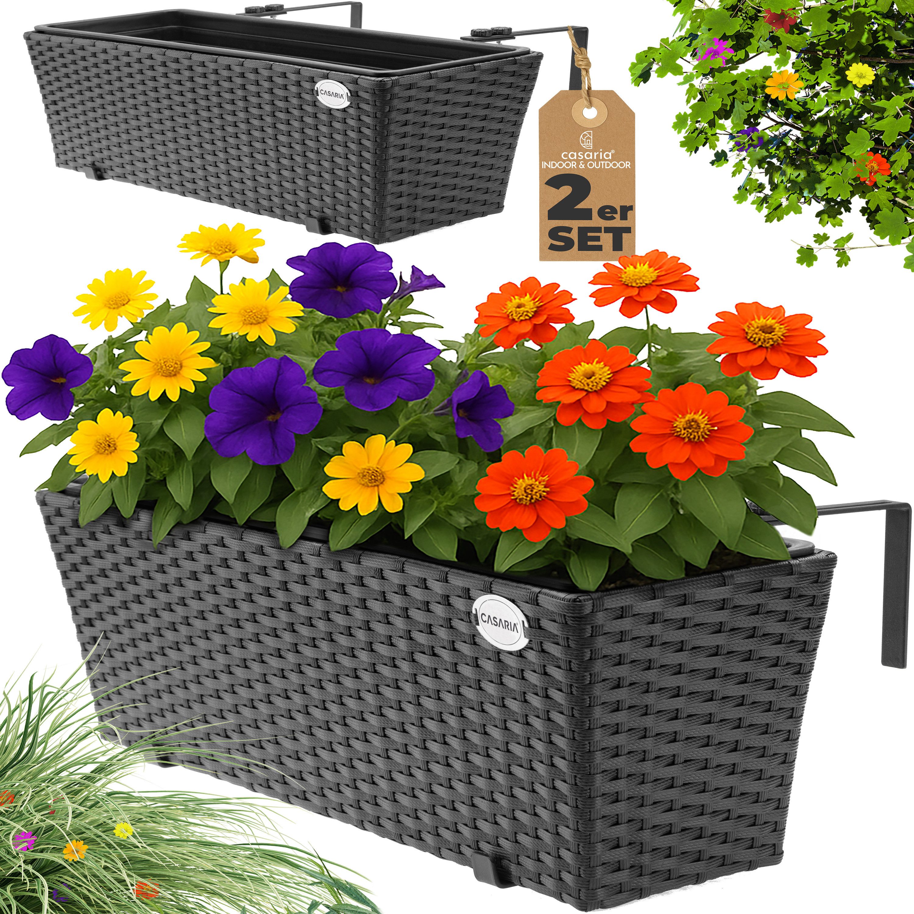 Casaria Blumenkasten, 2er Set 11 Liter Montagehalterung indoor outdoor Geländerkasten