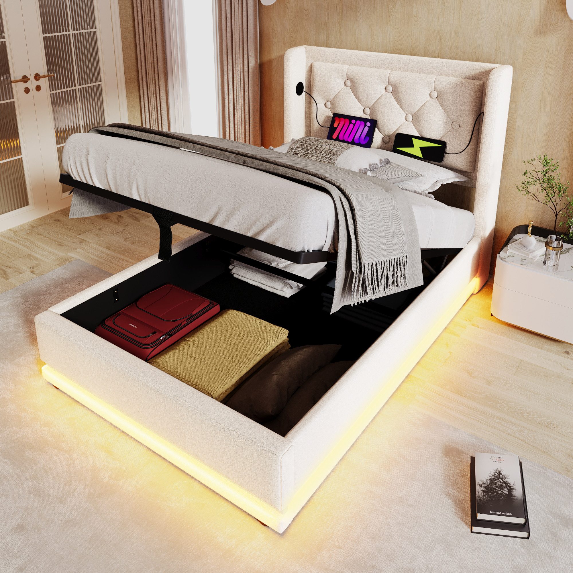 REDOM Polsterbett Jugendbett Bett Stauraumbett gepolsteres Bettgestell USB- günstig online kaufen