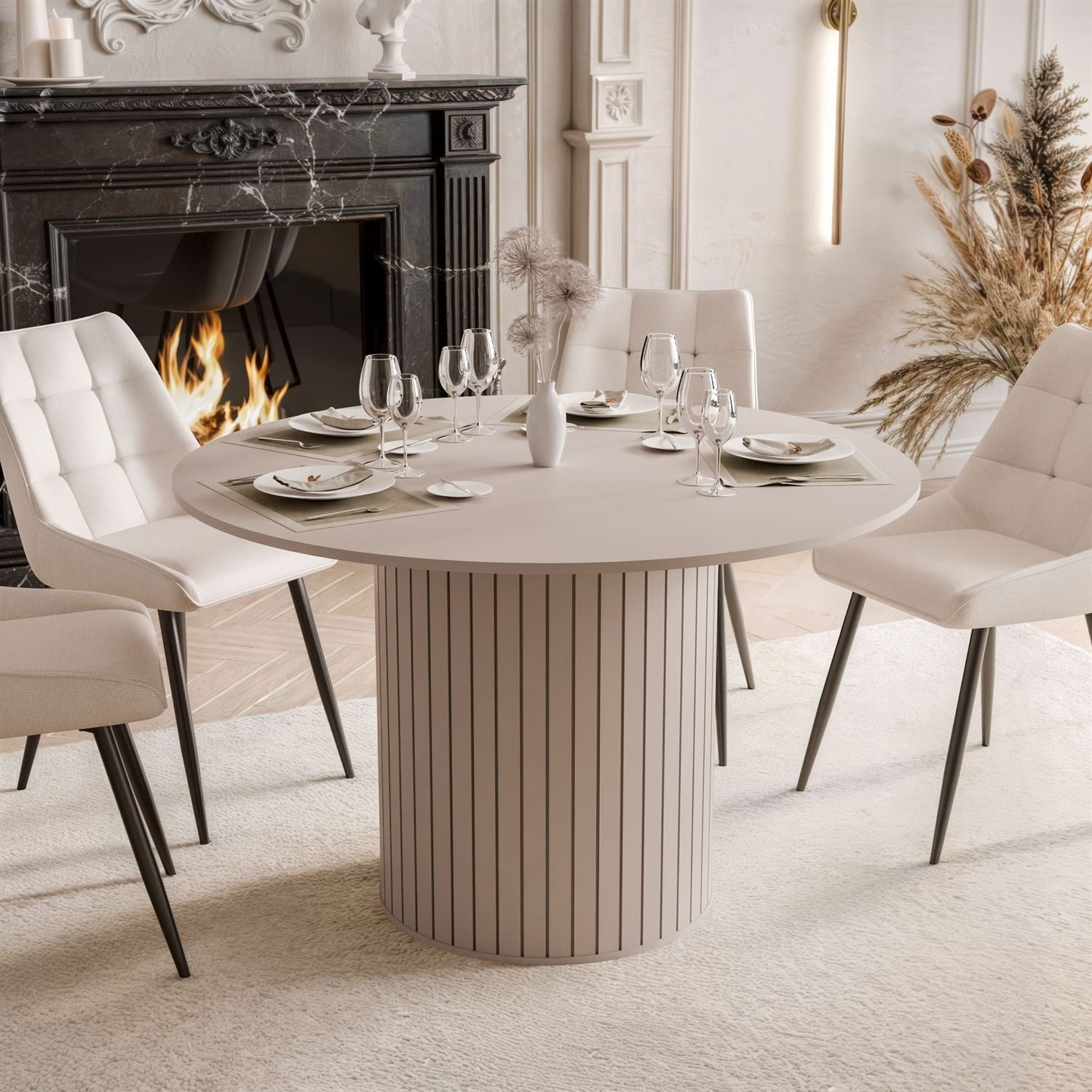 yourhouse24 Esstisch ELODIE 120 cm, Rund, Geriffelter Säulenfuß, Schwarz/Ka günstig online kaufen