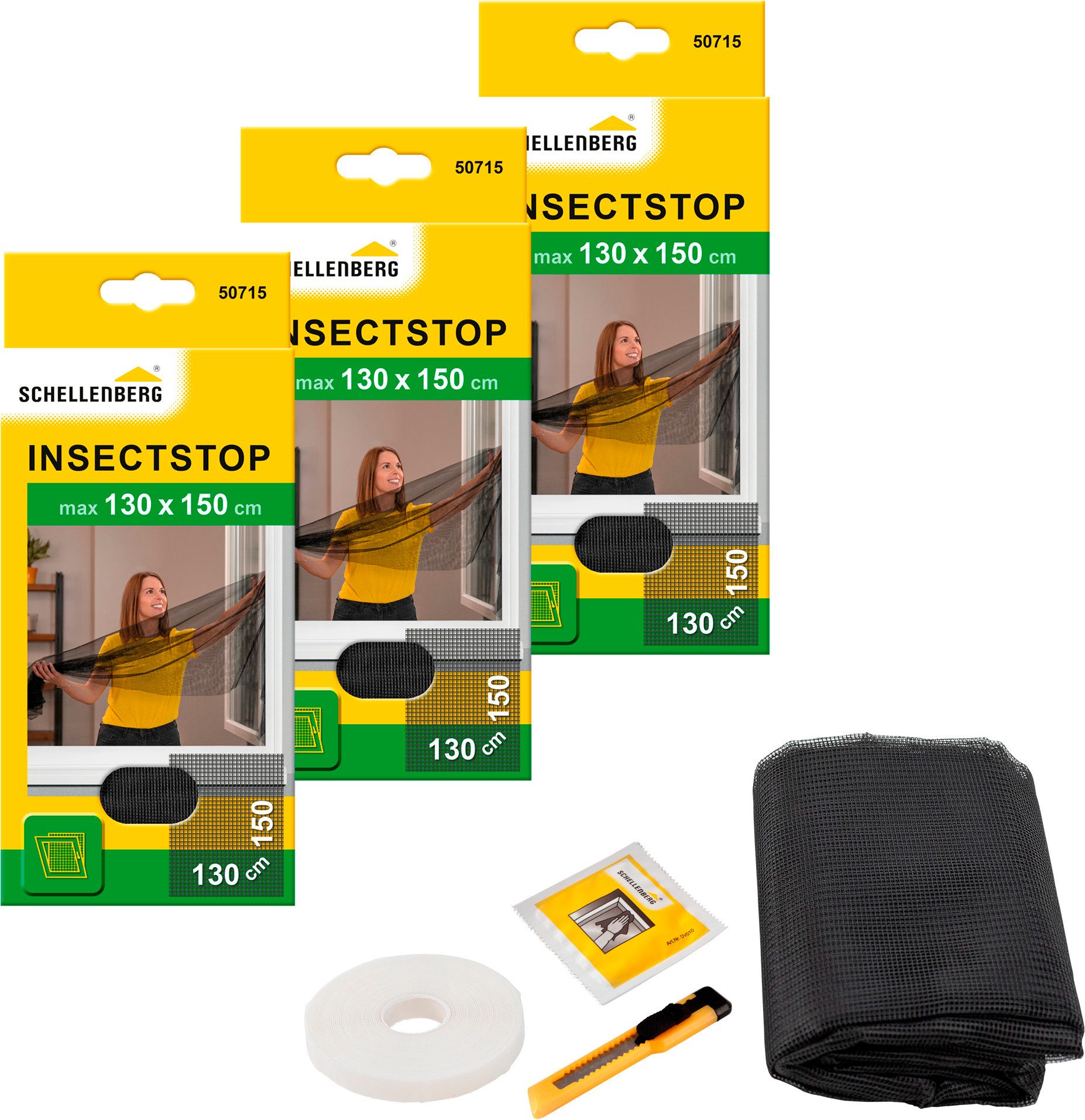 SCHELLENBERG Fliegengitter-Gewebe für Fenster ohne bohren, (Set, 3-St), Insektenschutz inkl. Befestigungsband, 130 x 150 cm, anthrazit, weiß