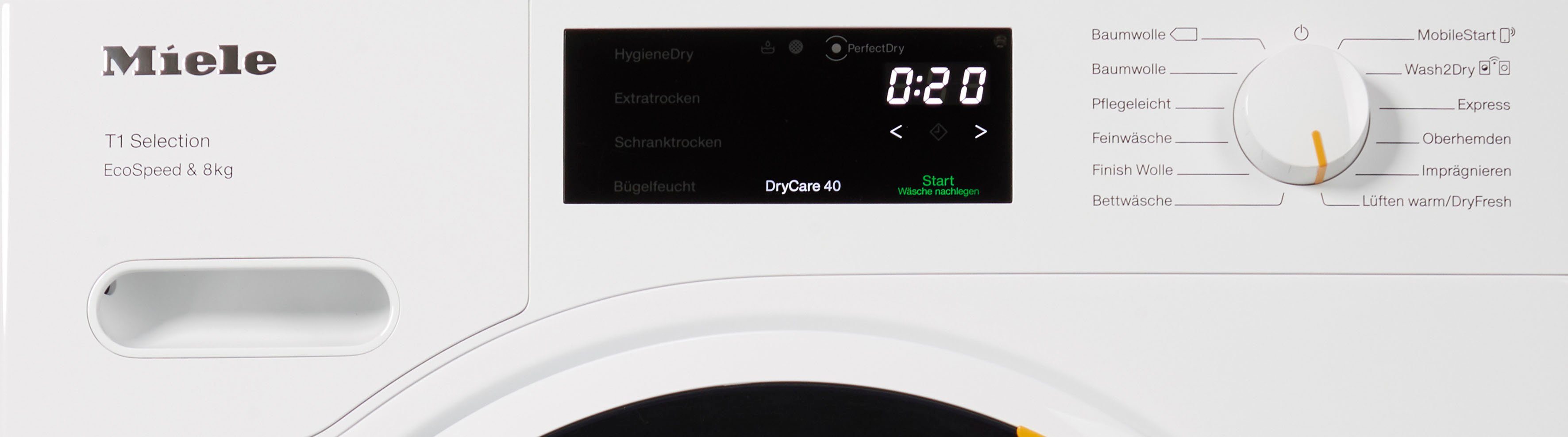 Miele 8 Wärmepumpentrockner kg, trocknet sind TSF763WP, DryCare40 fast °C bei alle die waschbar 40 Textilien