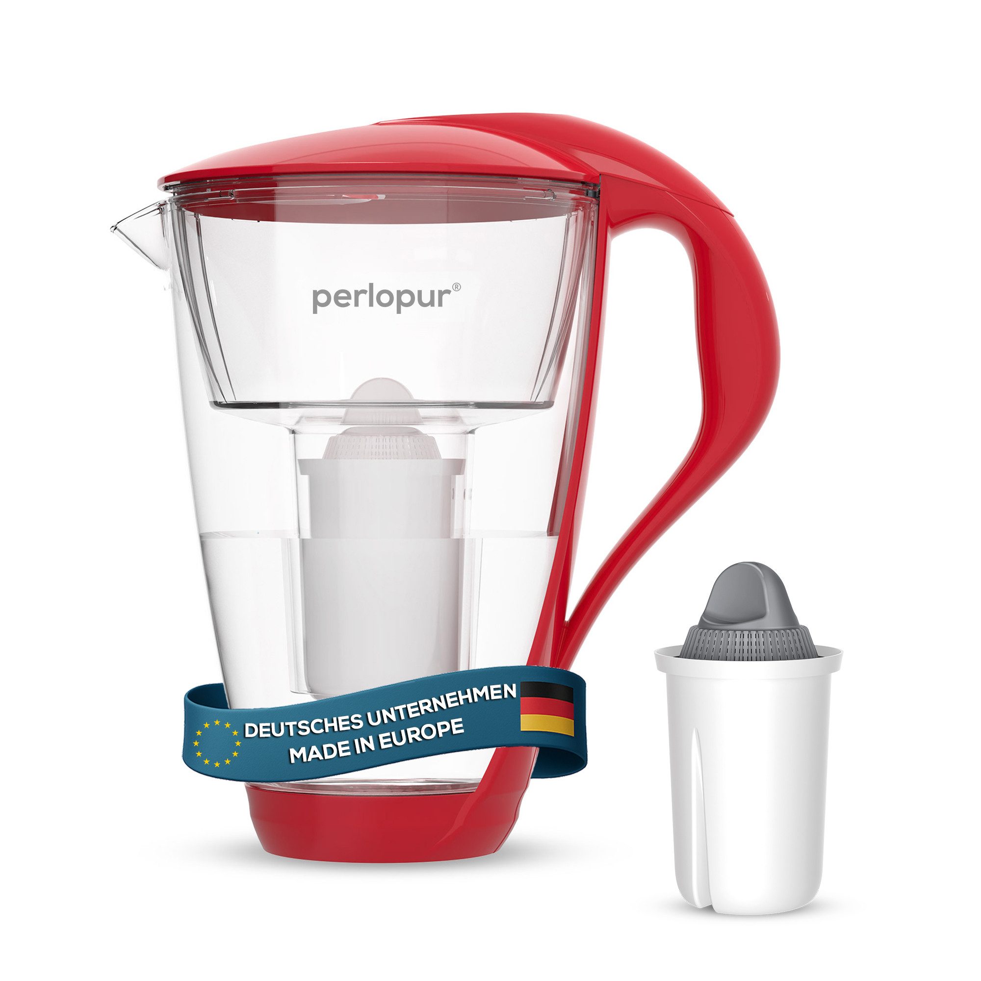 PerloPur Wasserfilter Glas Wasserfilter Rot Inkl. 1 Protect Plus Filterkartusche