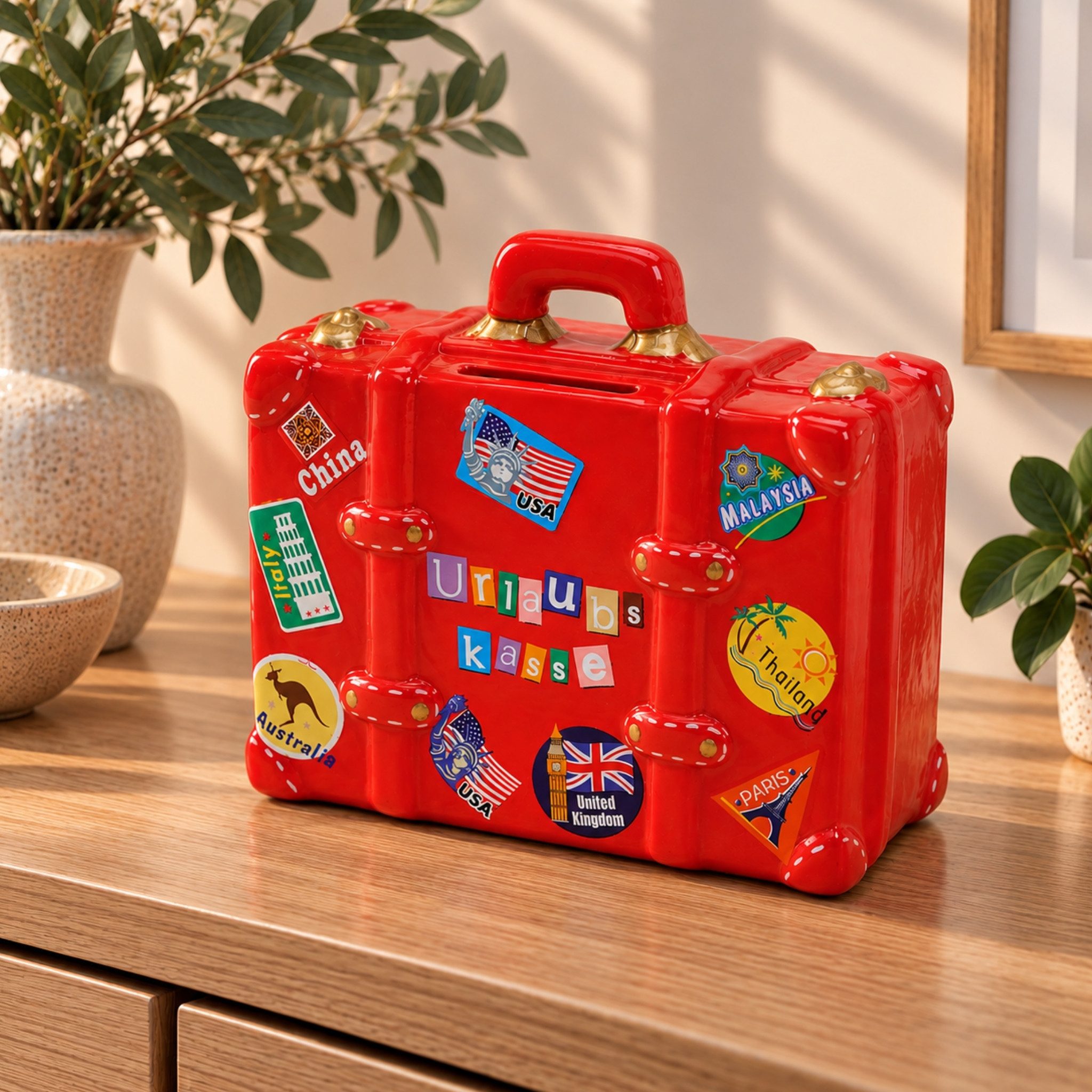 matches21 HOME & HOBBY Bilderrahmen Große Spardose Reise-Koffer rot 13 cm Urlaubskasse mit Schlüssel, Keramik Sparbüchse abschließbar