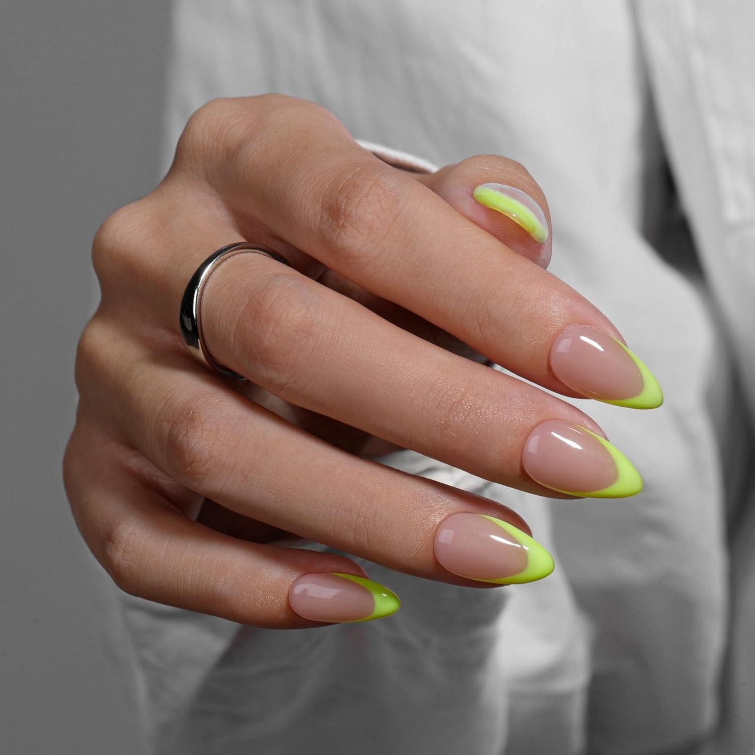 LuxusKollektion Kunstfingernägel Künstliche Nägel Press On Gel French Tip Kurz Mandel Neongrün