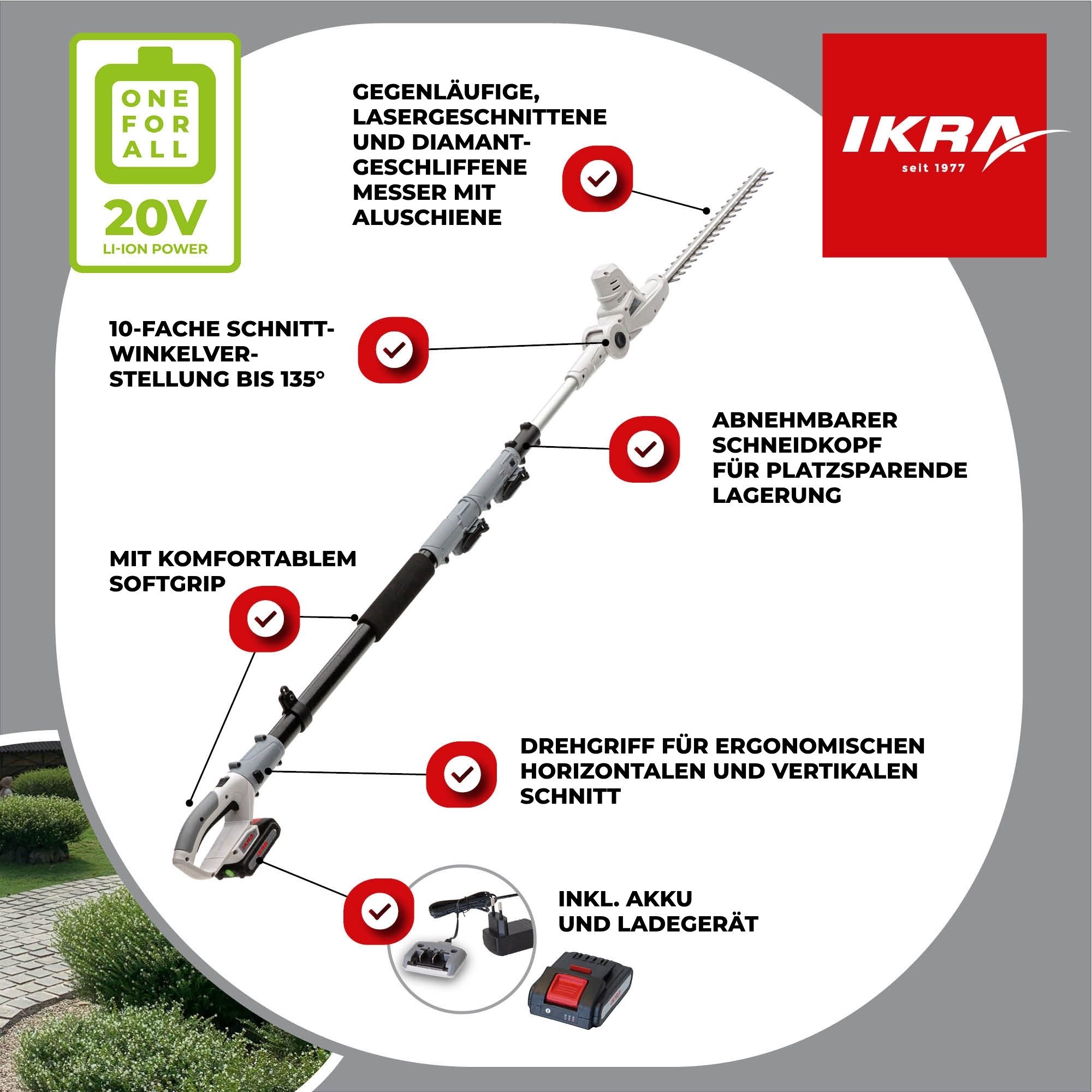 ikra GmbH Teleskop-Heckenschere ICPH 2040, bis 2,75 m Arbeitshöhe, 20 Volt Akku, Lasergeschnittene & gehärtete Messer