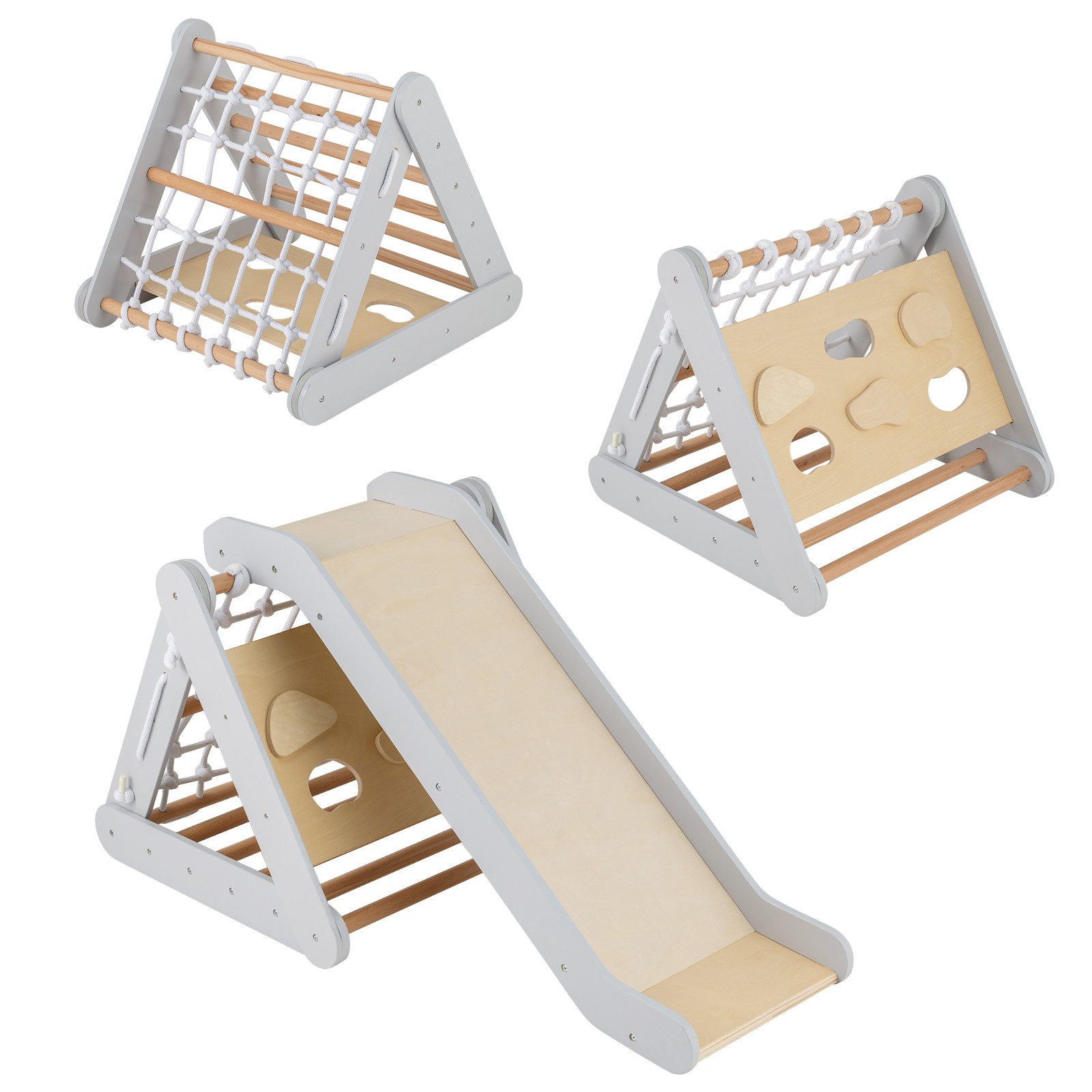 COSTWAY Klettergerüst 4 in 1 Kletterdreieck, mit Rutsche, aus Holz günstig online kaufen