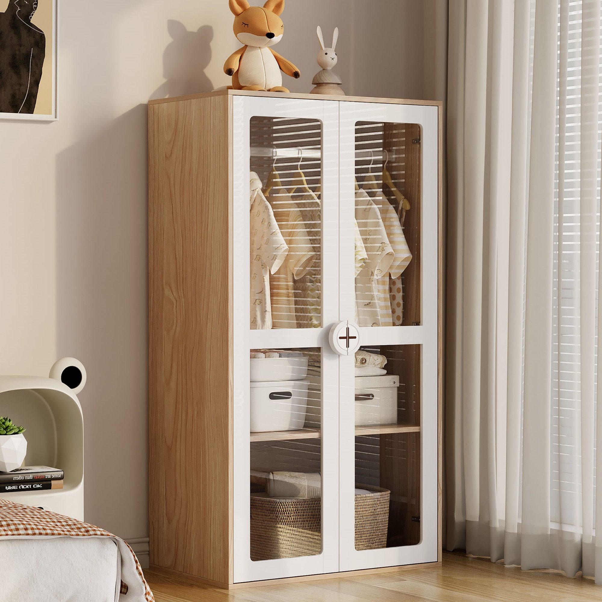 KEFEYA Kinderkleiderschrank für Kinderzimmer & Gästezimmer (2-türig mit Acryltüren, 10-stufig verstellbaren Regalen und Metall-Kleiderstange, Holzgriffe, Weiß/Natur, 1-St., 80x50x150 cm)