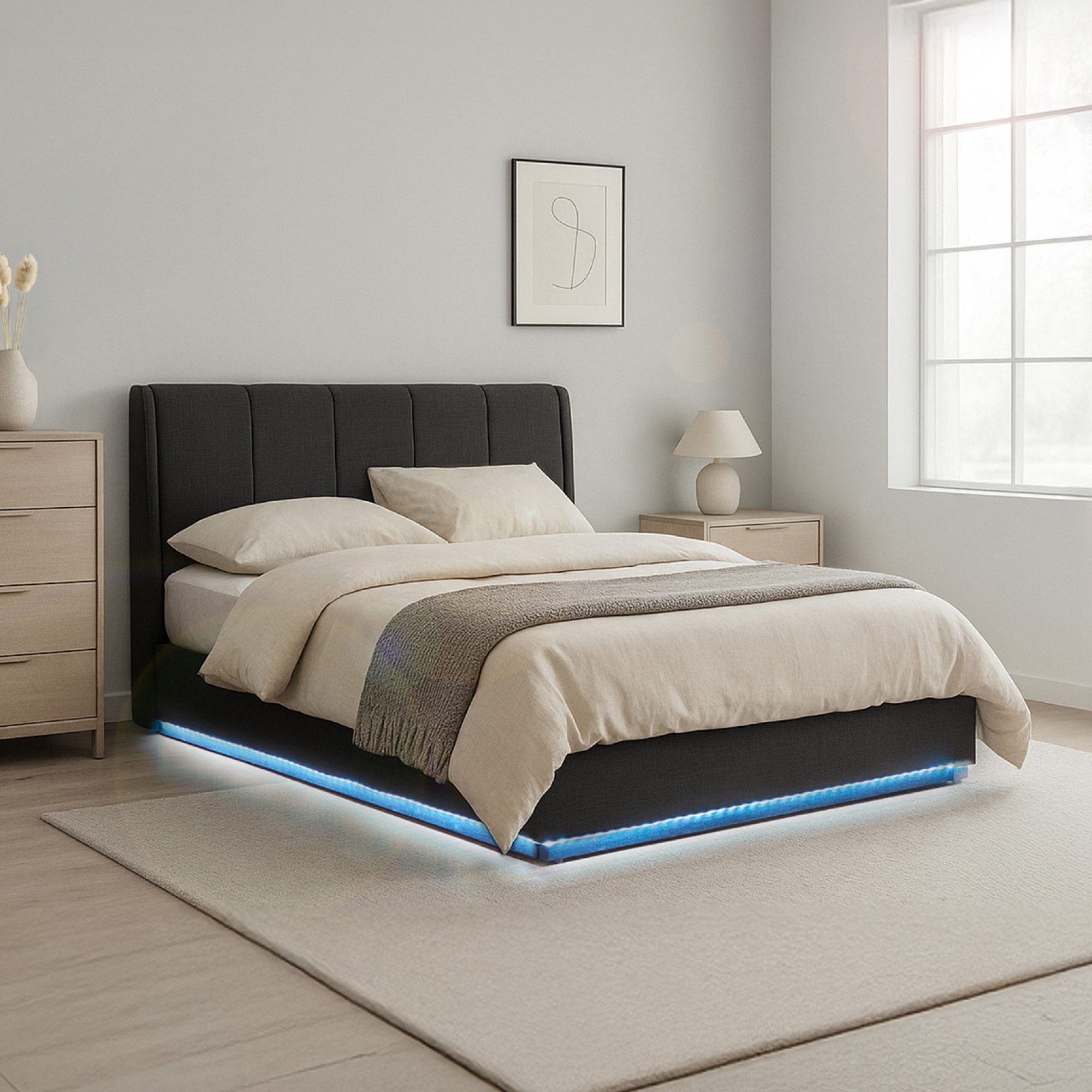 en.casa Polsterbett, »Tröstiar« mit LED-Beleuchtung Bettkasten Leinen 140 x günstig online kaufen