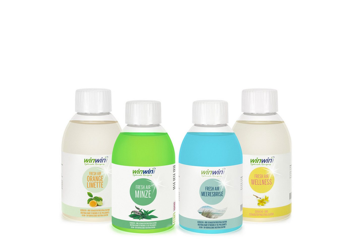 winwinCLEAN Raumduft fresh AIR SET 4x 250ml: Raumluft-Deo, Luftreinigungs-Konzentrat (Spar Set, 4-St., fresh AIR 250ml I Orange-Limette I Minze I Meeresbrise I Wellness), Geruchsentferner,Geruchsneutralisierer,Reinigungsmittel,Air Purifier