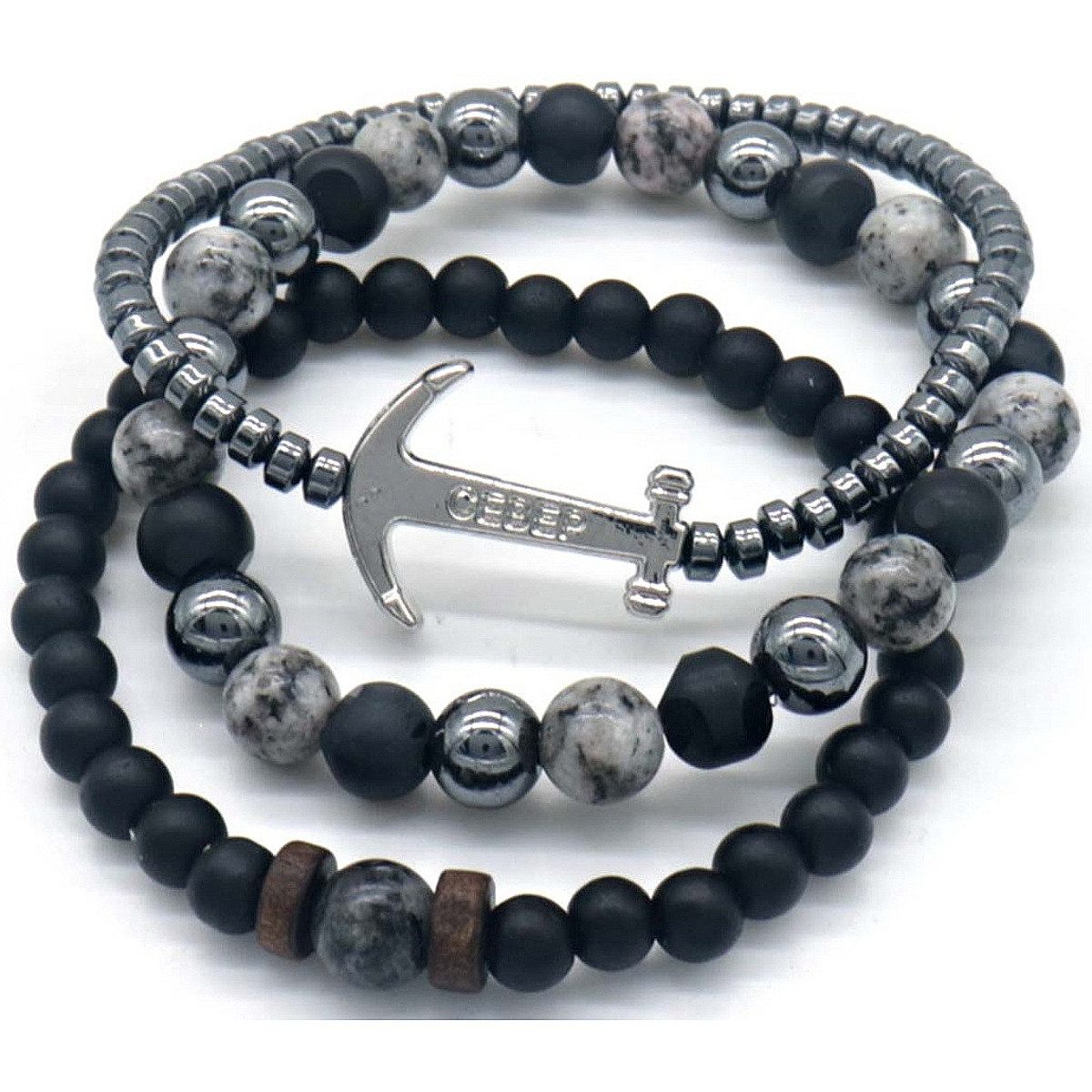 KARMA Silberarmband Damenarmband Set Armbänder schwarz silber maritim (3er Set Geschenk Schmuck, 3-tlg., Set), Armschmuck Damen Steine Anker Perlen