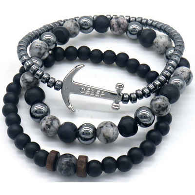 KARMA Silberarmband Damenarmband Set Armbänder schwarz silber (3er Set, 3-tlg., Set), Armschmuck Damen Steine Anker Perlen
