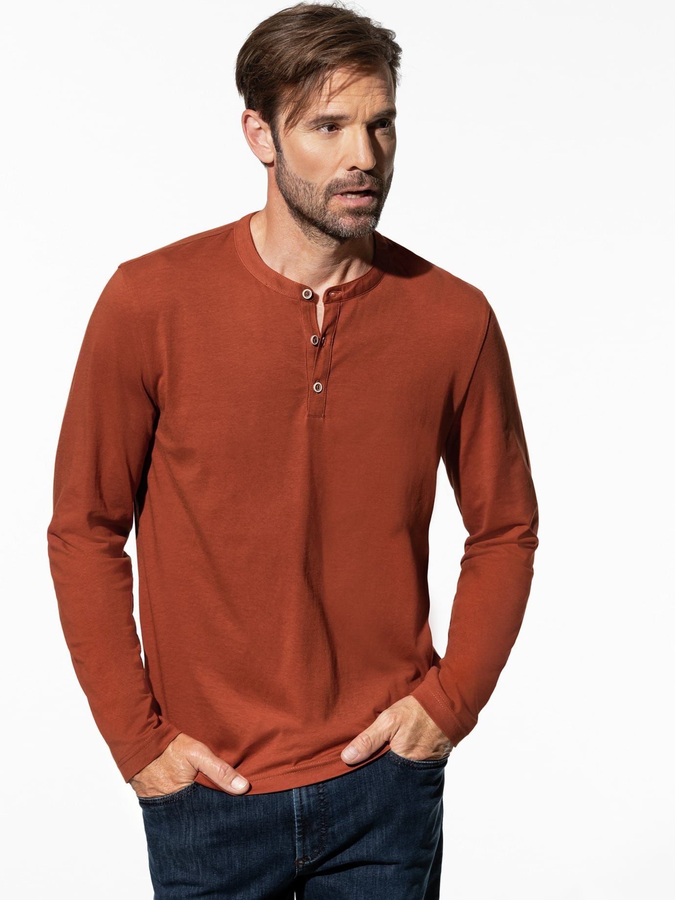 Walbusch Langarmshirt Herren Henley-Shirt Langarmshirt mit Serafino-Ausschnitt Baumwolle Pflegeleichtes Jersey-Shirt, 3-Knopf-Leiste, waschmaschinenfest