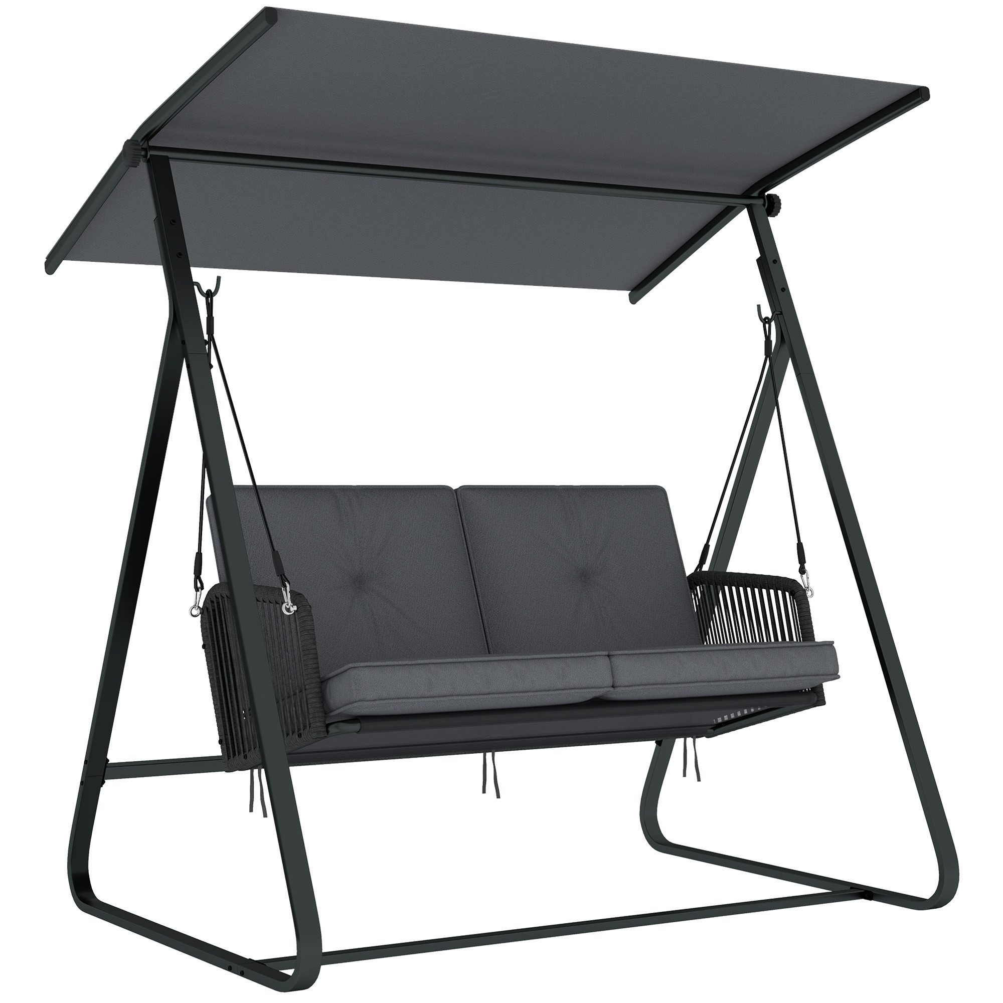 Outsunny Hollywoodschaukel mit Verstellbarem Sonnendach, weichem Kissen, A-Rahmen, 2-Sitzer, verstellbares Dach, Schaukelbank, geeignet für 2 Personen, Gartenschaukel, 3 tlg., 2-Sitzer Schaukelbank, für Garten Terrasse 150 x 128 x 168 cm Dunkelgrau