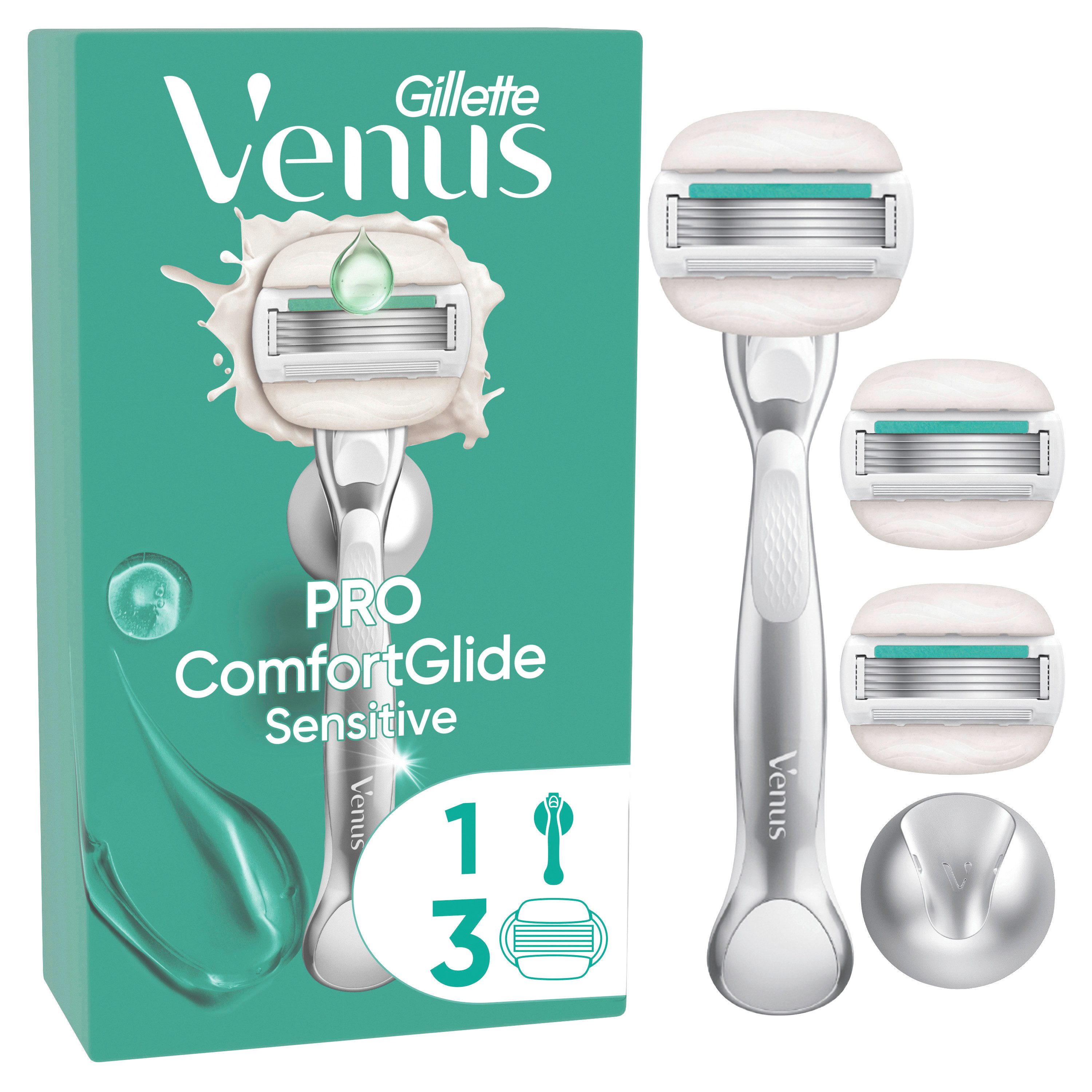 Gillette Venus Nassrasierer Comfortglide Sensitive + 3 Ersatzklingen + Duschhalterung
