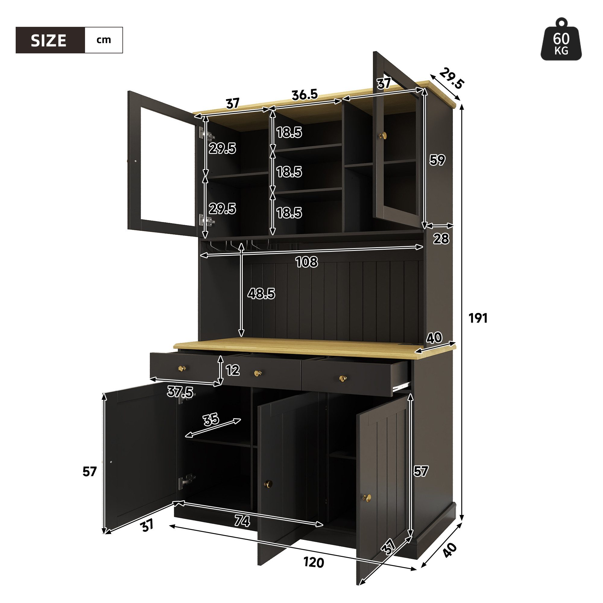 KLAM HOME Küchenbuffet Weißer Esszimmer-Hochschrank mit Glastüren und Ladeanschlüssen (Buffetschrank 120×40×191cm mit Steckdosen, USB-A & USB-C) Stauraumreicher Küchenschrank mit verstellbaren Glasböden