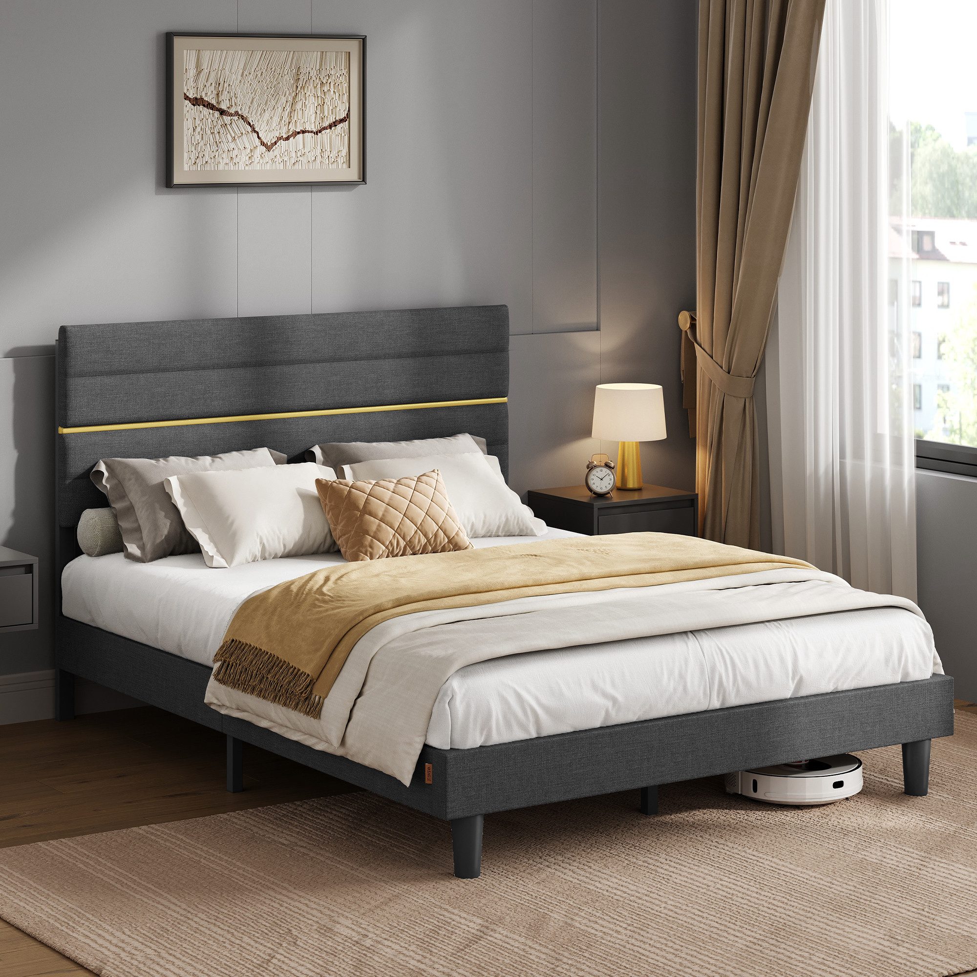 VASAGLE Polsterbett Doppelbettgestell verstellbares gepolstertes Kopfteil, Polsterbett und Matratze Set, mit Stauraum 160x200 cm – Bild 2 von 5