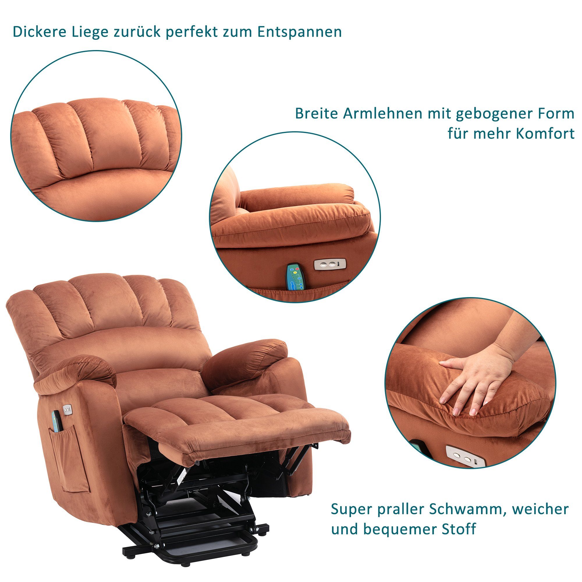 TV-Sessel (Fernsehsessel mit Aufstehhilfe, elektrisch Massagesessel mit Fernbedienung, bis 135 kg belastbar), Relaxsessel mit Liegefunktion, Wärmefunktion und Massagefunktion