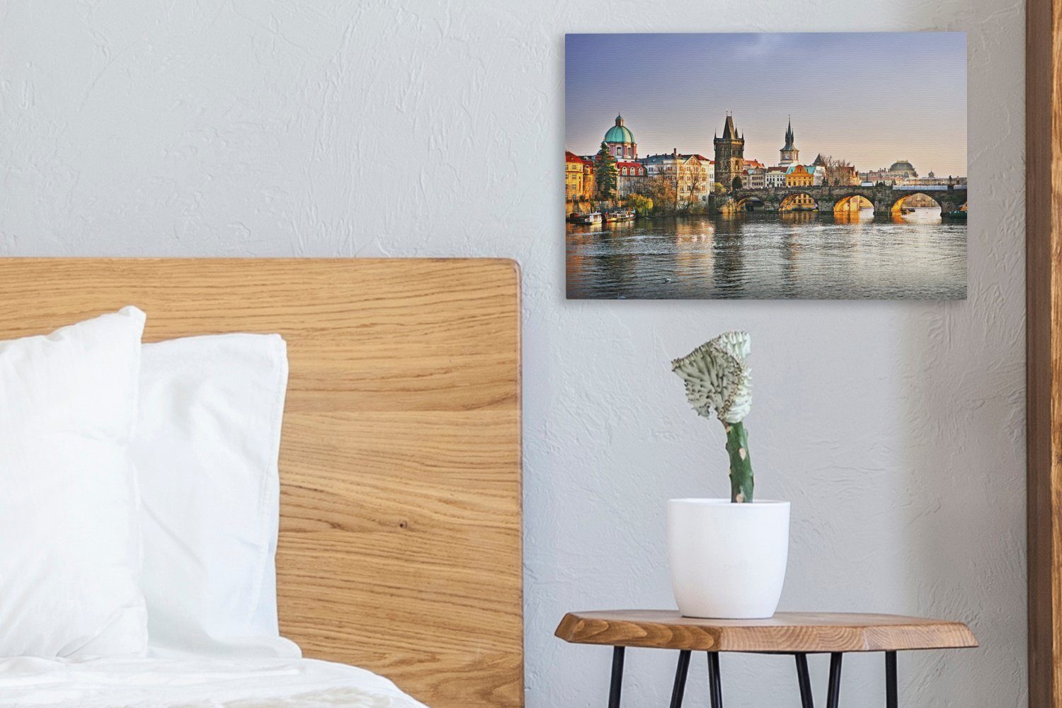OneMillionCanvasses® Leinwandbild Blick auf die Aufhängefertig, die Karlsbrücke Leinwandbilder, Wanddeko, 30x20 über St), cm (1 Wandbild Moldau