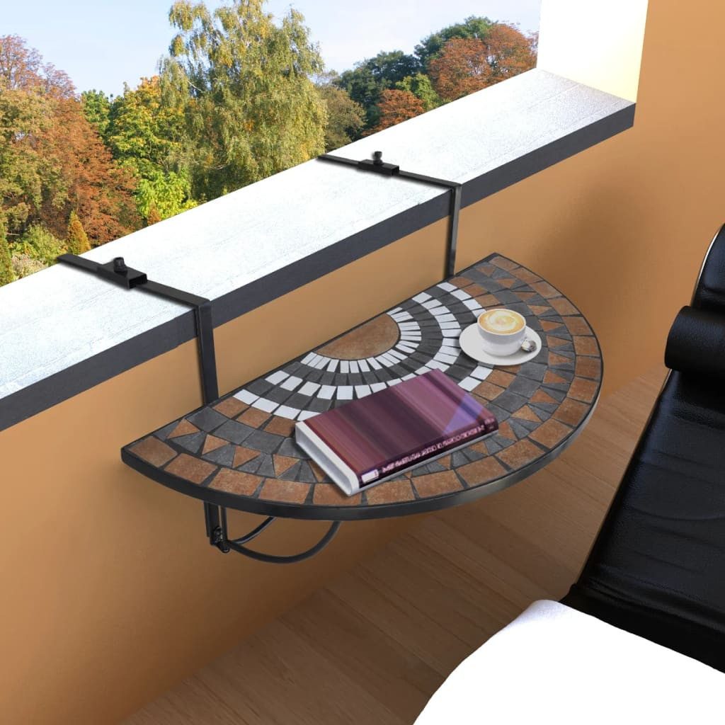 furnicato Gartentisch Halbrunder Balkontisch 76x56x64 cm mit Terrakotta, Weiß und Schwarz (1-St), Klappbarer Outdoor-Tisch mit pflegeleichtem Keramik-Mosaik-Design