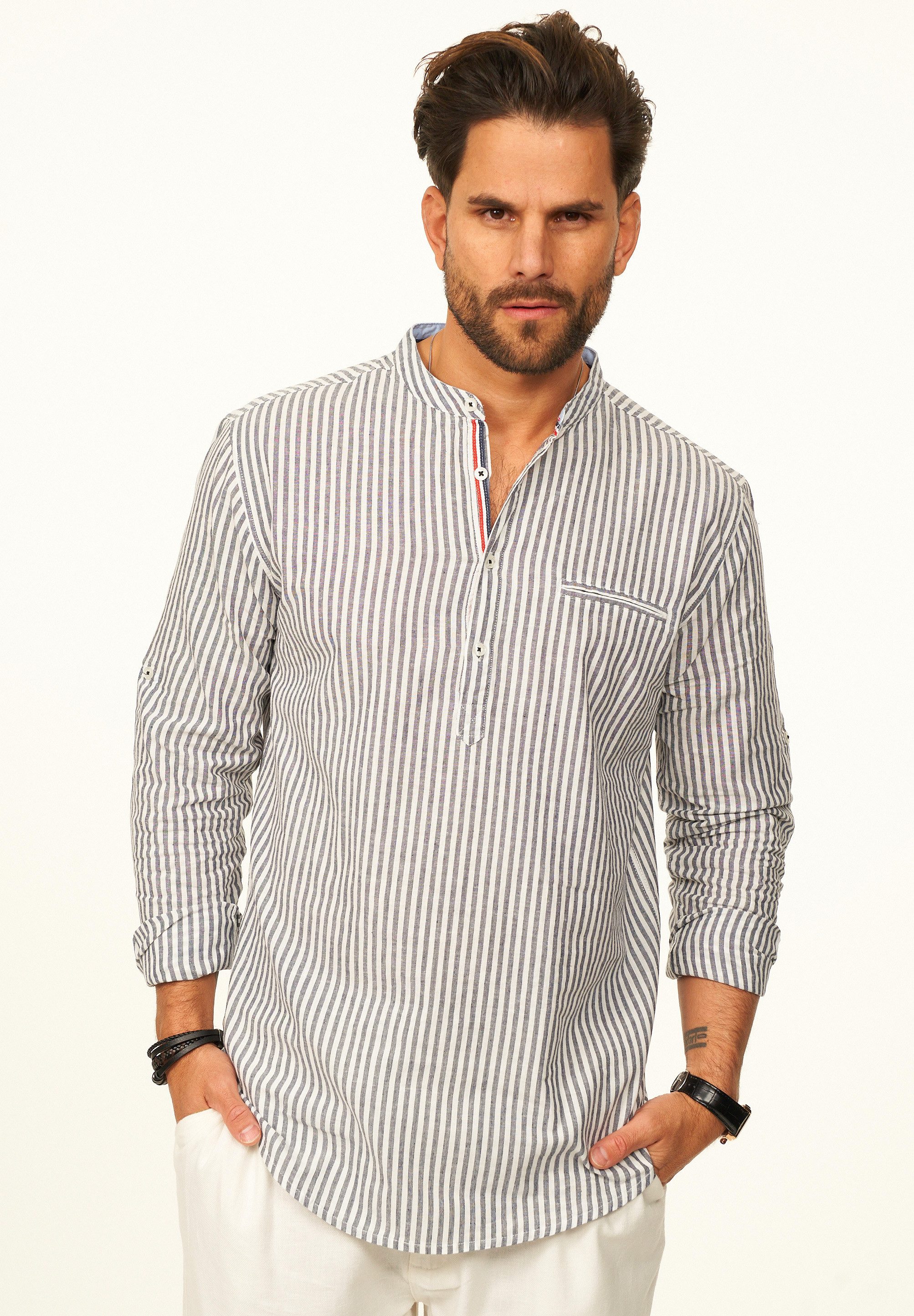 behype Langarmhemd Gestreift im Regular-Fit mit Henley-Stehkragen Herren Sommerhemd als Freizeithemd