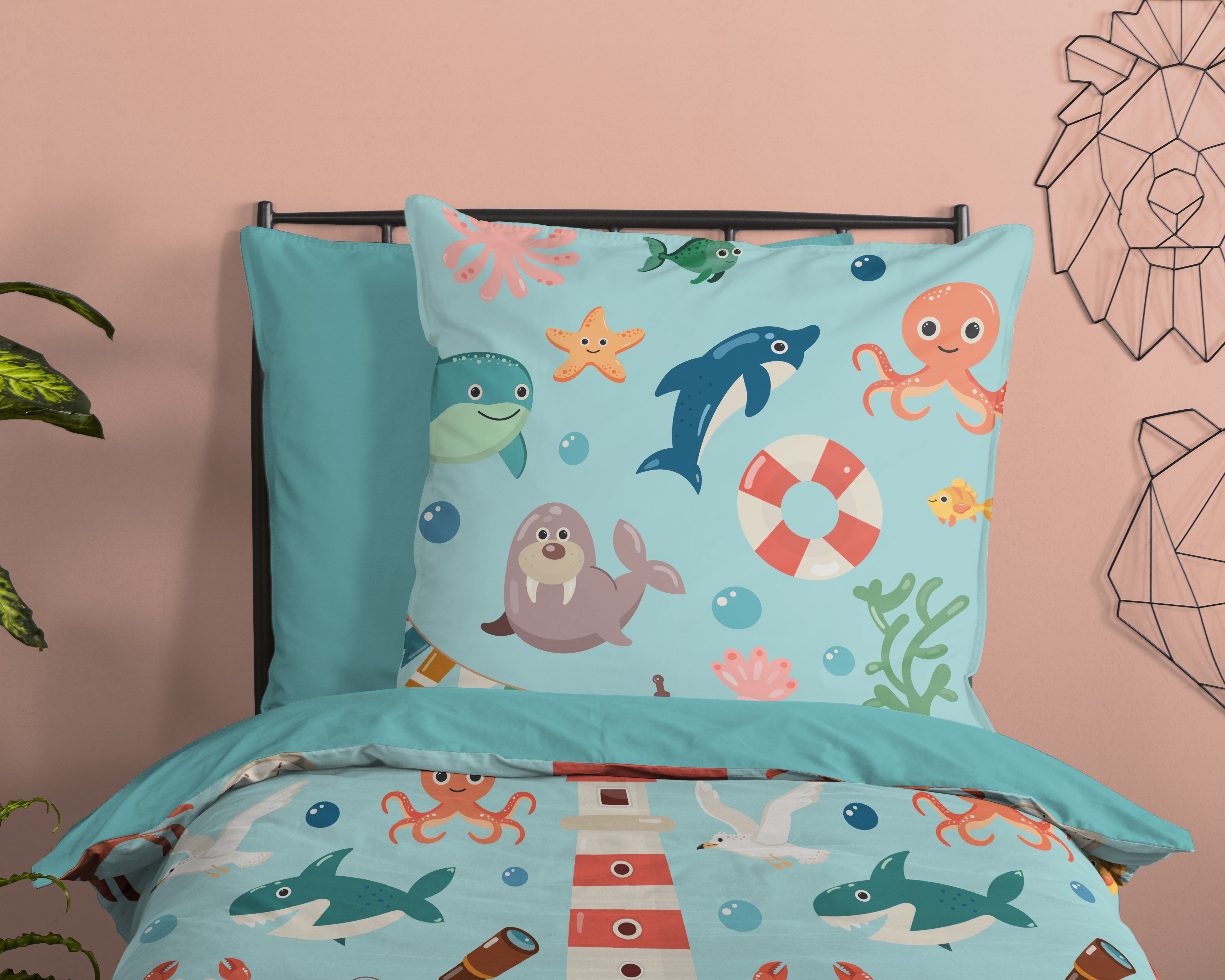 PURE luxury collection Kinderbettwäsche Sailor, Microfaser, 2 teilig, Mikrofaser, 135x200, 2 Teilig, Wendeoptik, Kind, Meerestiere, Maritim