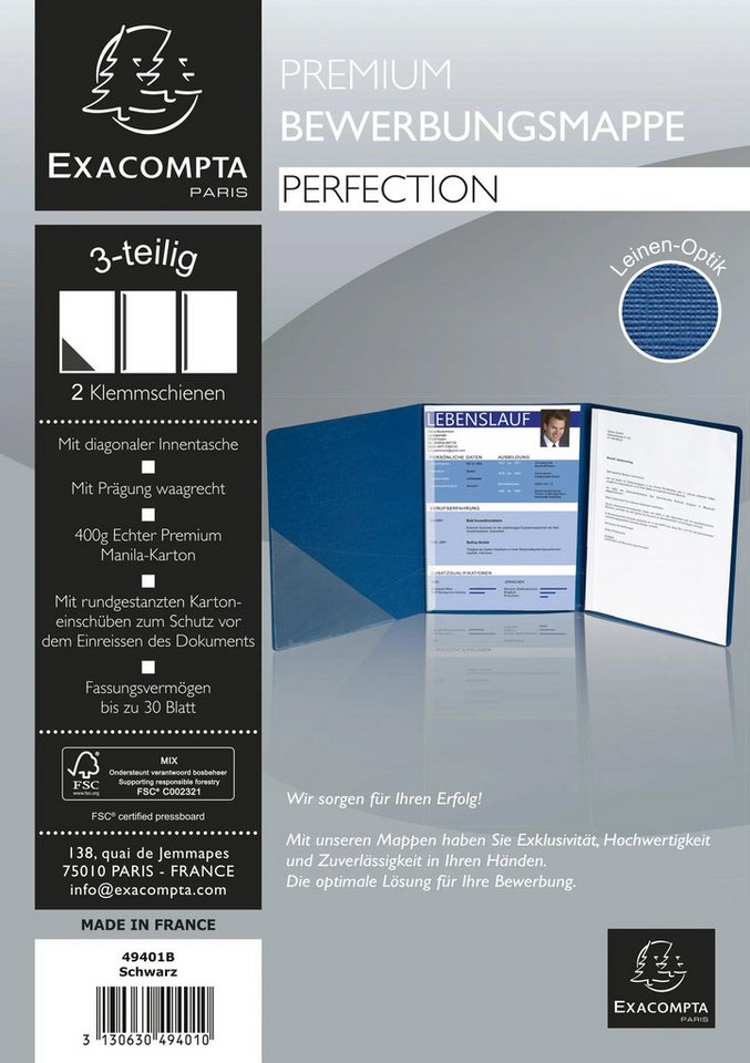 Thumbnail - EXACOMPTA Bewerbungsmappe 10x Bewerbungsmappe Karton Leinenoptik 2 Klemmschien A4 Schwarz 49401B, Bewerbungsmappen Premi...