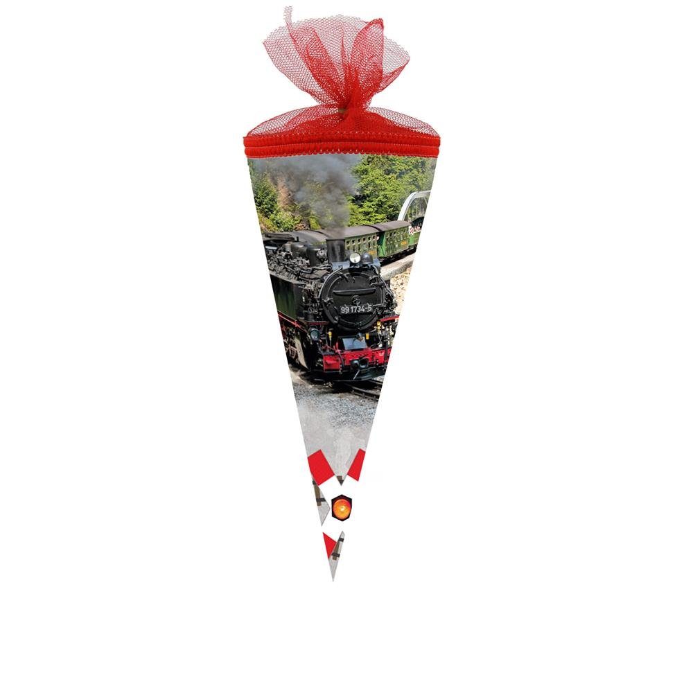 Nestler Schultüte Dampfeisenbahn, 22 cm, rund, mit rotem Tüllverschluss, Zuckertüte für Schulanfang