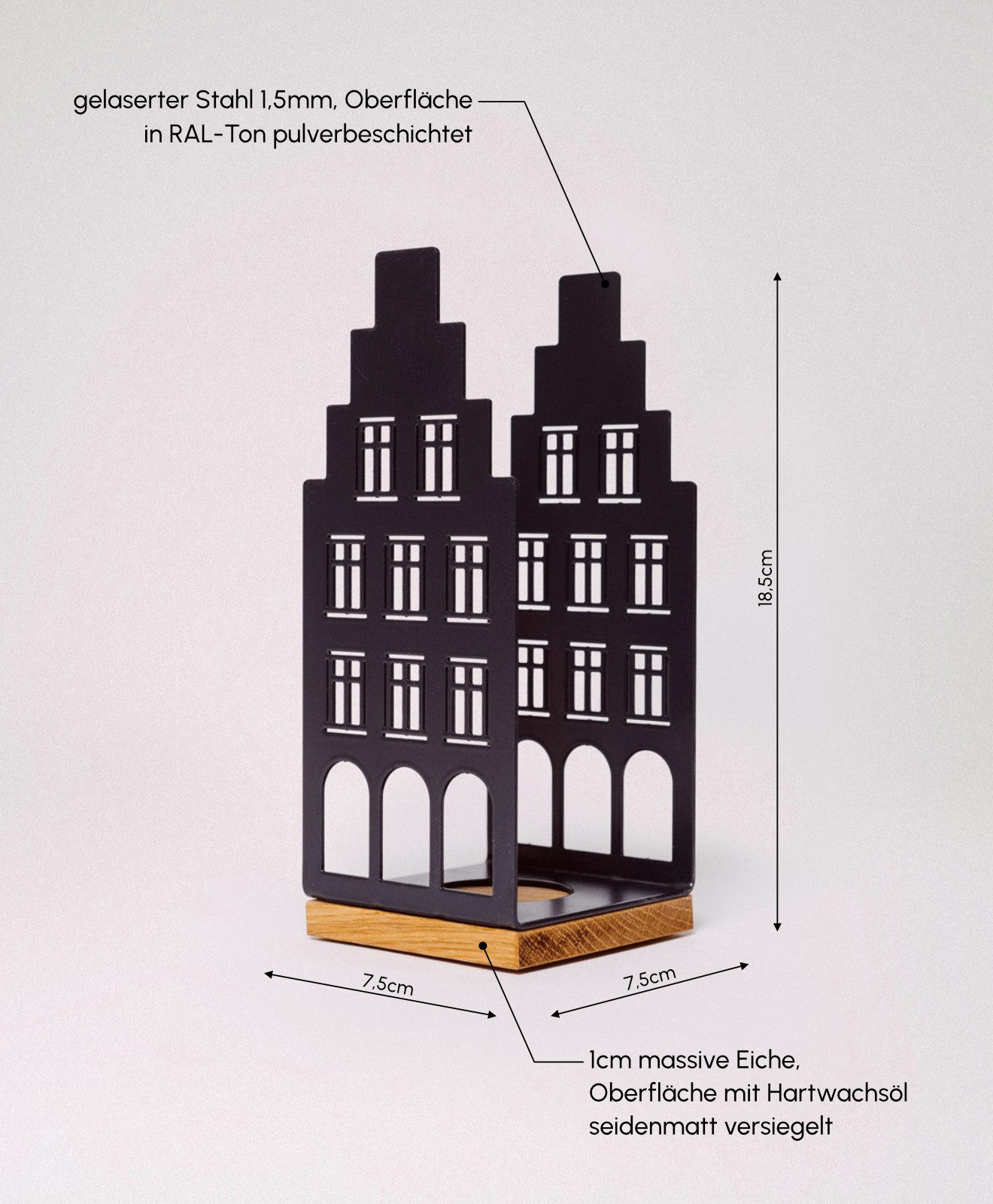 KAWENTSMANN Windlicht Nobelstrehle Nr.2 (1 x Windlicht), Aus pulverbeschichtetem Metall und geöltem Eichenholz, Handgefertigt