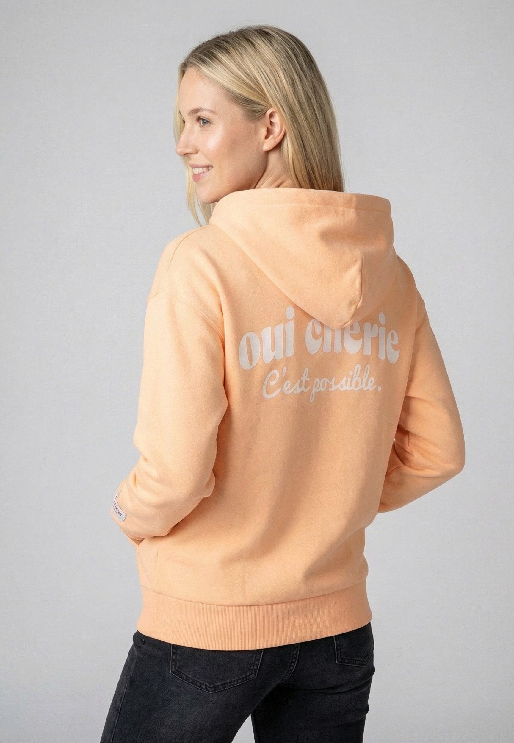 Eight2Nine Kapuzensweatjacke Damen ZIP Sweatjacke mit Backprint Hoodie, Kapuzenpullover, Zipperjacke mit Kängurutasche und Kapuze