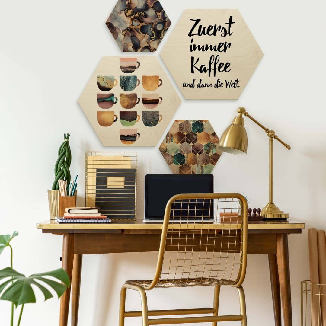 Art Welt Spruch Gemälde naturbelassen K&L Holzbild Wandbild Landhaus Zuerst Küche, Kaffee Wall dann Hexagon Birke-Furnier die