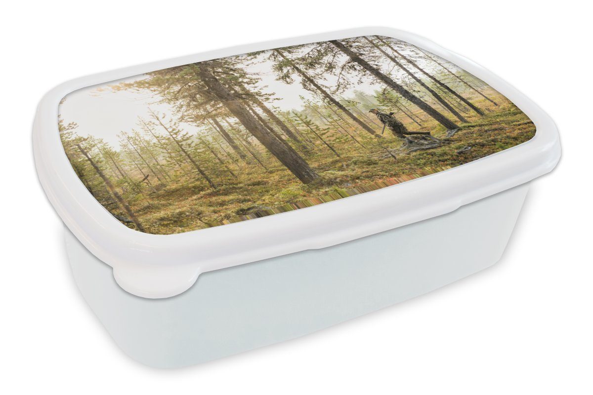 MuchoWow Lunchbox Ein Mann ist auf der Jagd im Wald, Kunststoff, (2-tlg), Brotbox für Kinder und Erwachsene, Brotdose, für Jungs und Mädchen weiß
