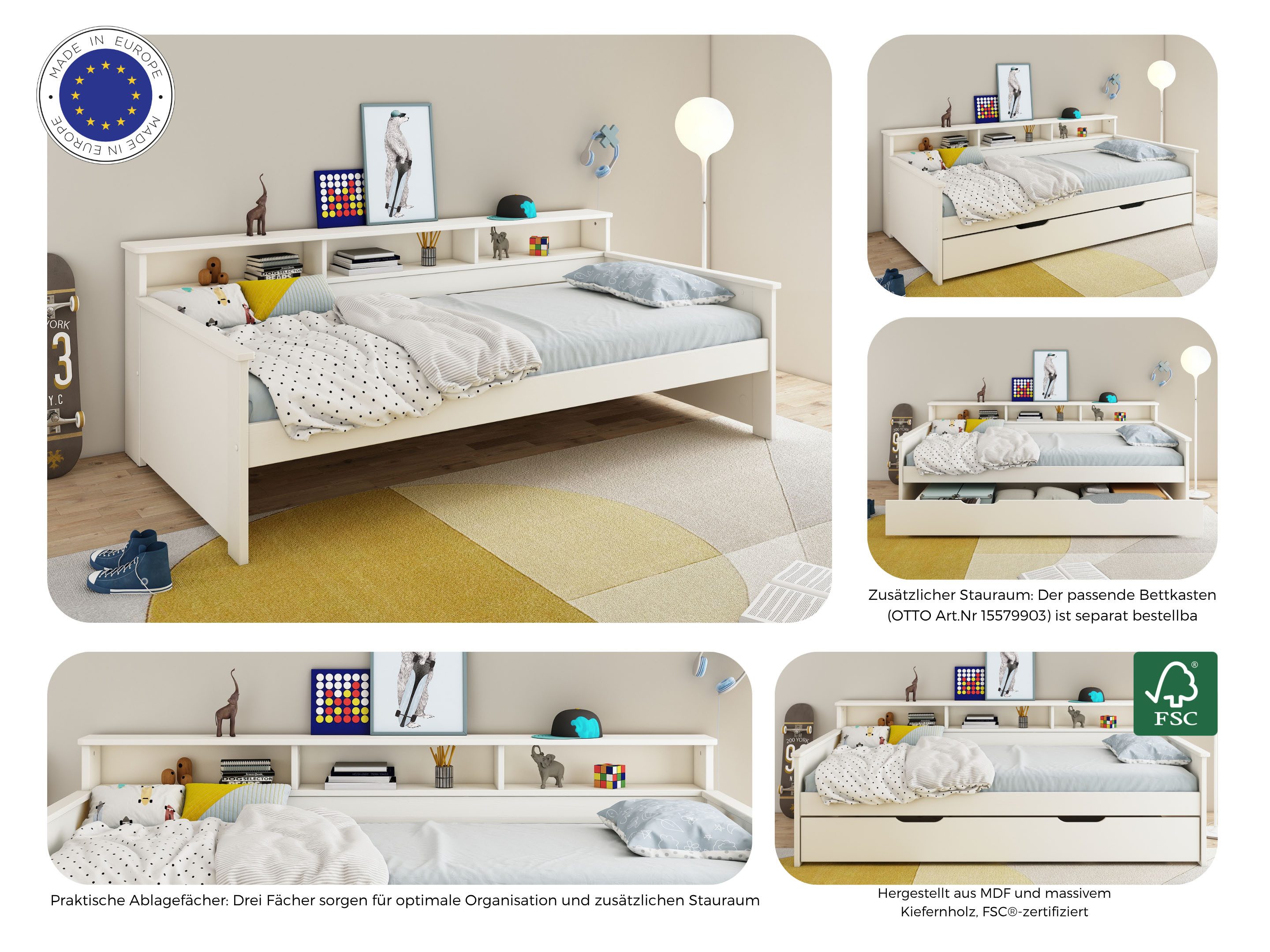 OTTO home Jugendbett KERO, Daybed, Stauraumbett, platzsparend, Stauraum, 90x200cm, zertifiziertes Massivholz, mit Ablagefächern, Schublade optional