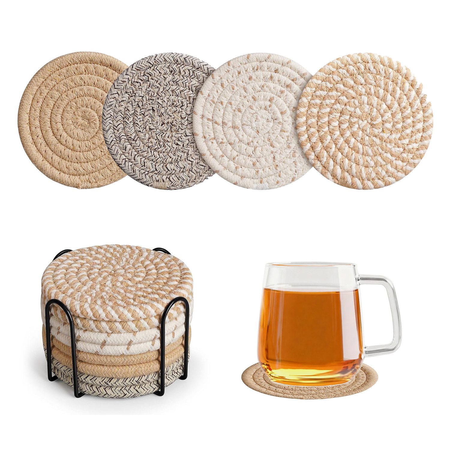 HEYHIPPO Becheruntersetzer Set geflochtene Baumwoll-Untersetzer mit Halter–rutschfest & saugfähig, Zubehör für Stellen Sie Getränke, Tassen und Gläser bereit, Set, Runde Glasuntersetzer 8er Set aus Baumwolle mit Halter –für Getränke