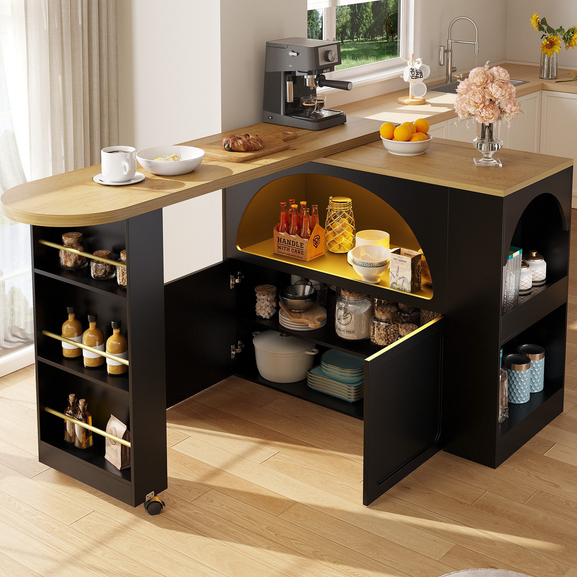 Flieks Bartisch mit 360° drehbar Tisch und LED-Beleuchtung (Set, 2-St., 135-205x39x100 cm), Stehtisch mit Rollen Mehrzweckschrank mit verstellbare Ablagen