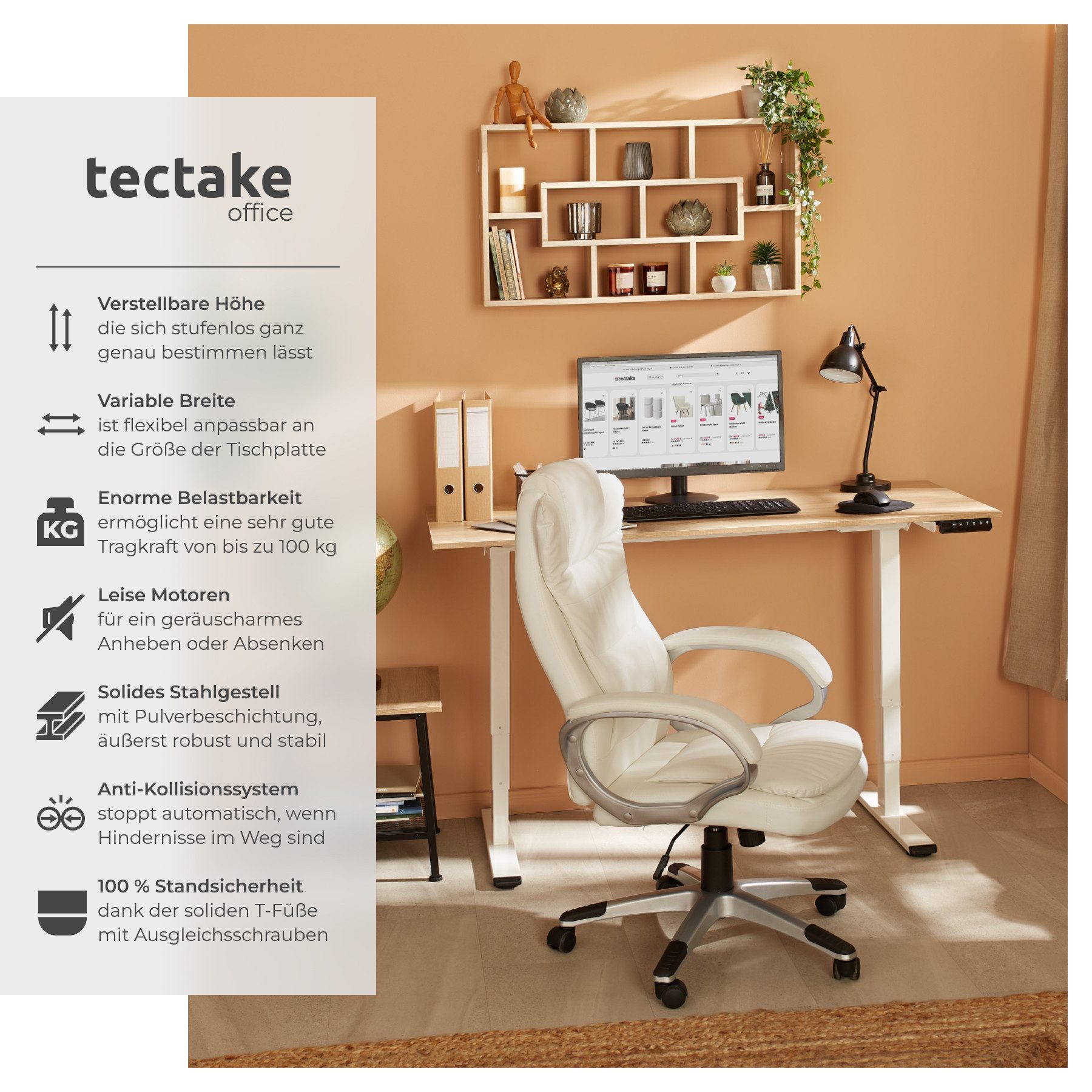 tectake Tischgestell Schreibtischgestell, Belastbarkeit 100 kg, 110-168 x 60 x 60-125 cm (Tischuntergestell Twain, 1-St., in weiß), Flexibler Tischrahmen in moderner Optik