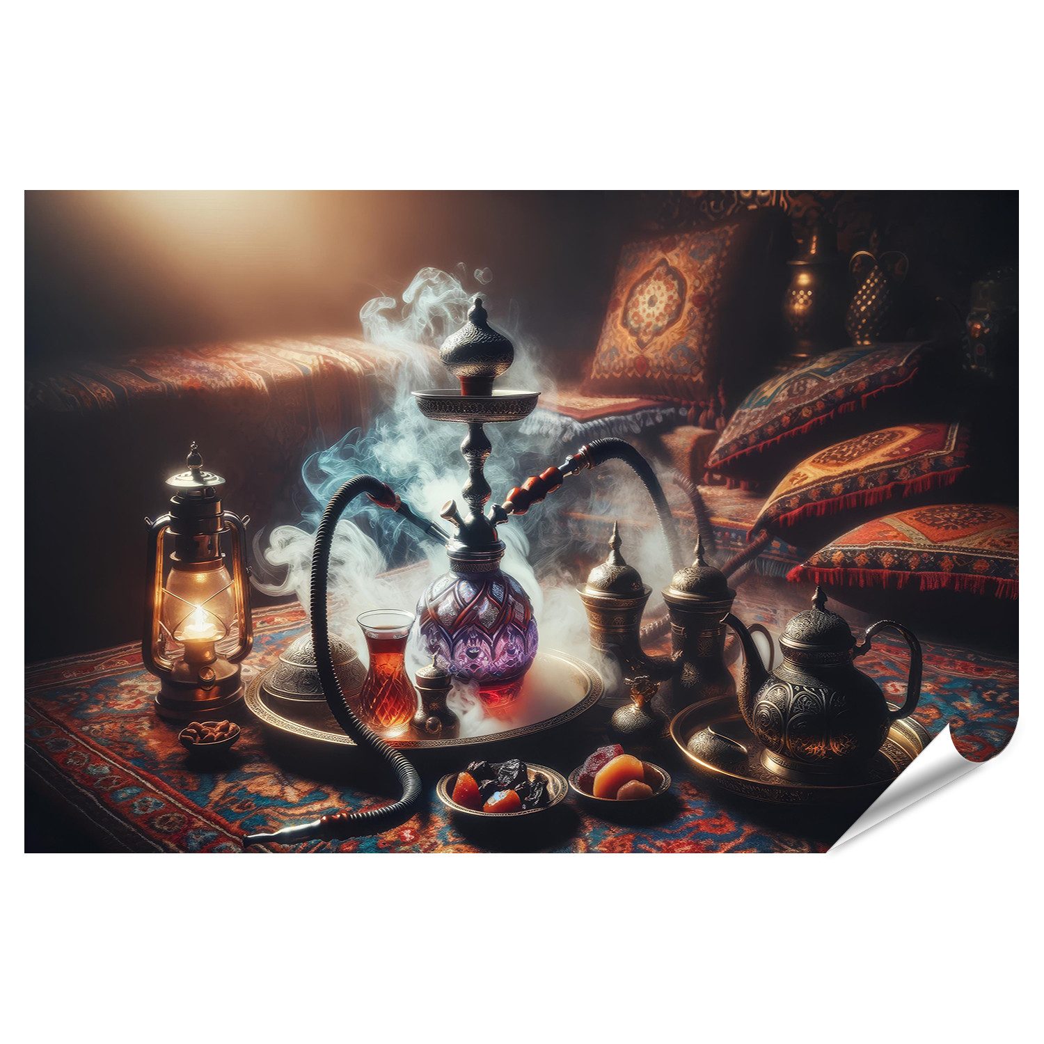 Poster Orientalische Wasserpfeife mit Rauch auf Teppich für Shisha Bar