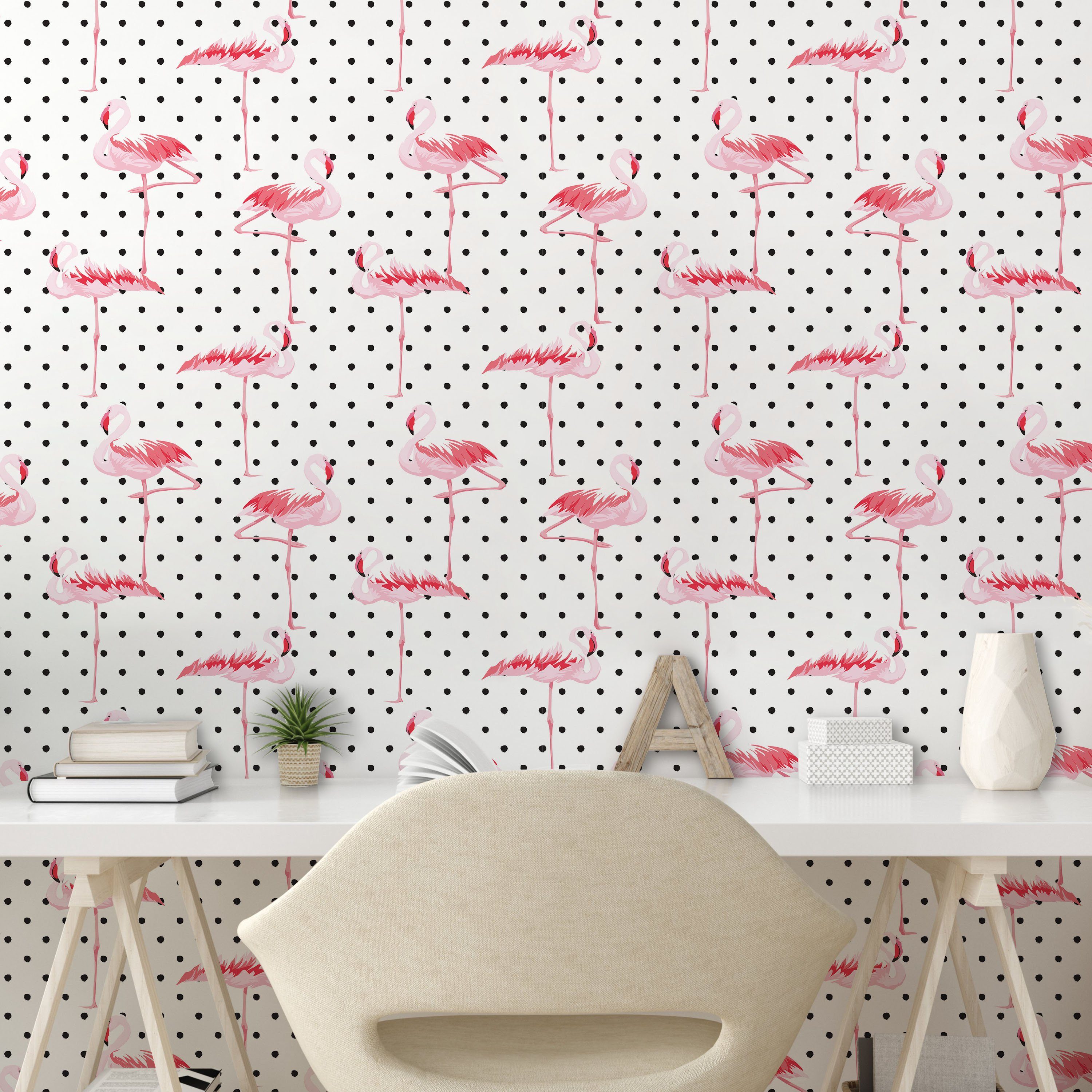 Retro Vögel Tupfen Vinyltapete selbstklebendes Abakuhaus Wohnzimmer Küchenakzent, Flamingo