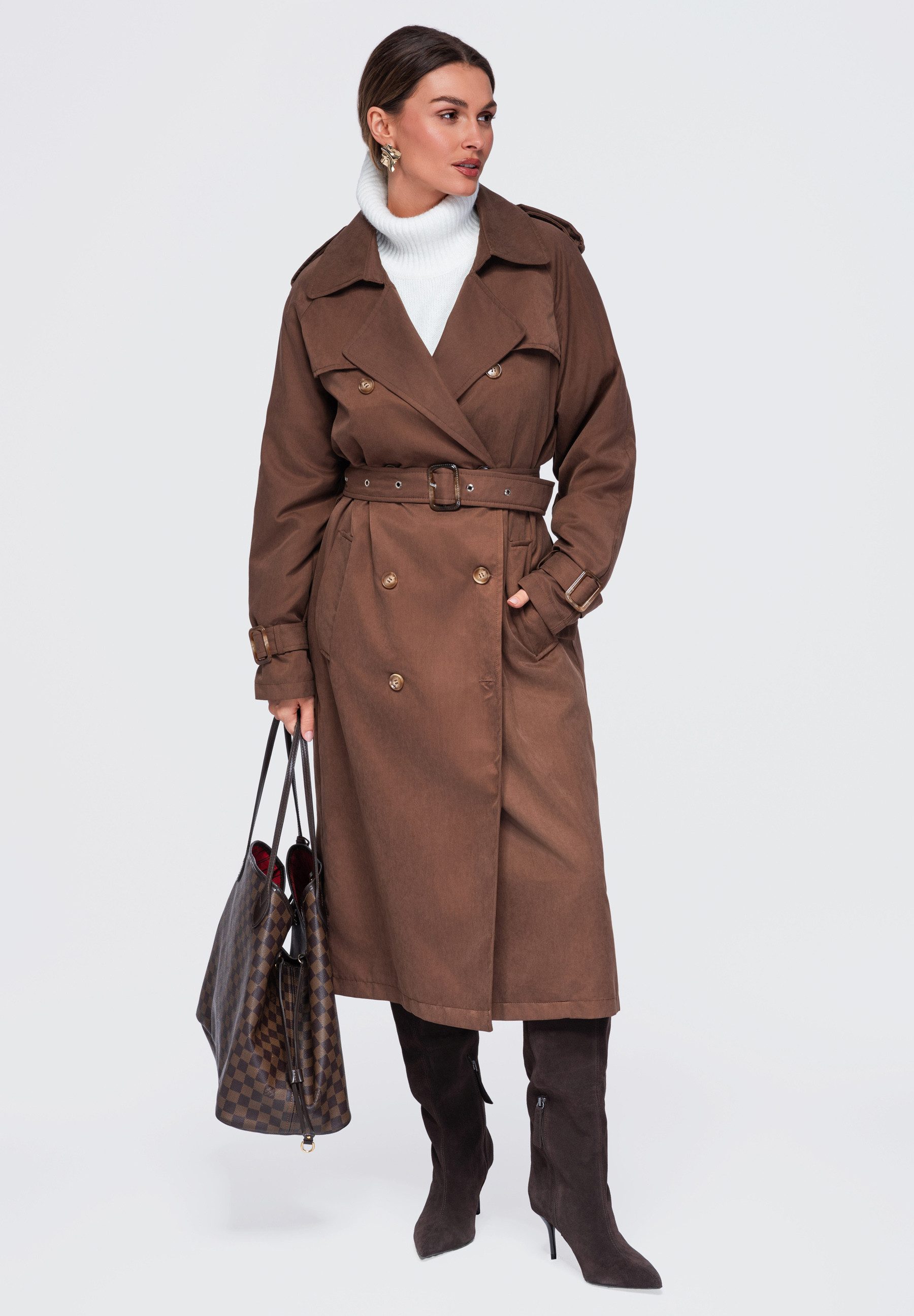 OMBRE Trenchcoat Damen Trenchcoat mit Taillengürtel elegant Braun L (kein Set, 1-tlg)