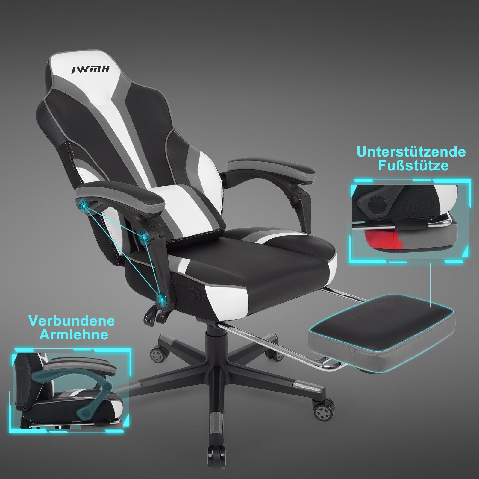 hoher mit grau Gaming-Stuhl, Massage-Lendenstütze WM Heart Rückenlehne, Fußstütze und Intimate klappbarer