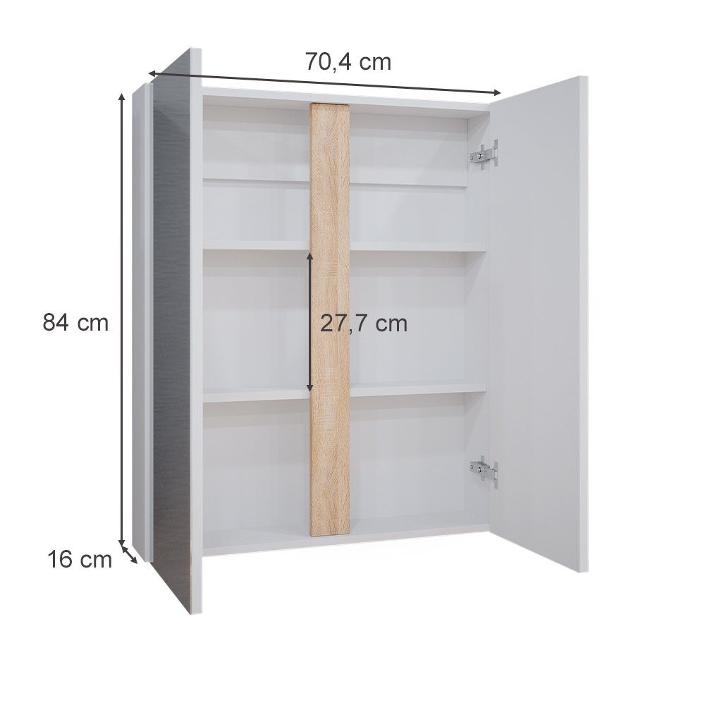 Vicco Badezimmerspiegelschrank Gloria, Weiß/Sonoma, 70.4 x 84 cm mit 2 Türen (1-St)