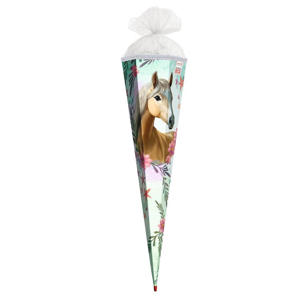 Roth Schultüte Pferd Bella, 85 cm mit Glitzerborte, eckig, 6-eckig, Tüllverschluss, Roth-Spitze