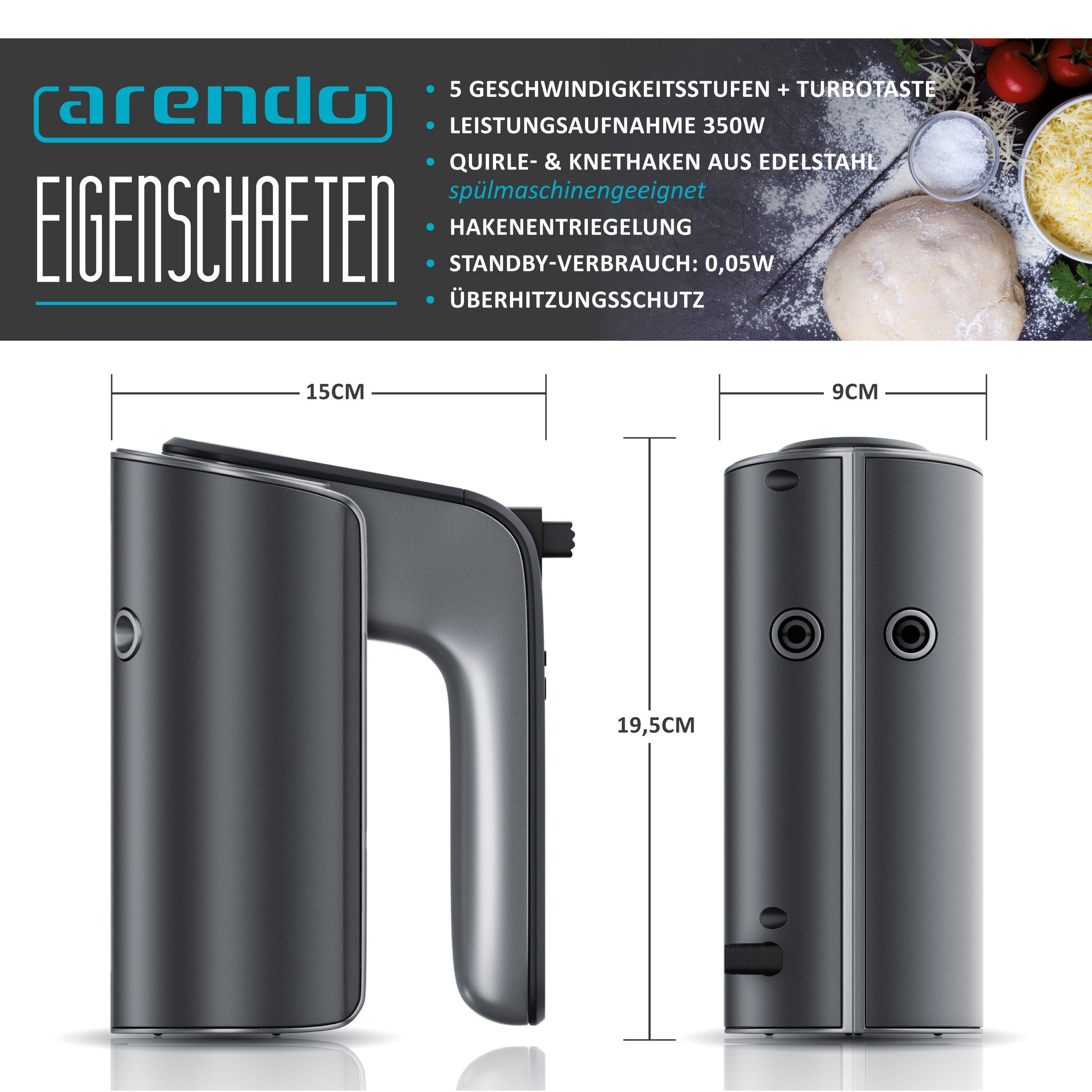 Arendo Handmixer Elektrischer Rührmixer, Handrührgerät inkl. 2 Quirle & 2 Knethaken, 350 W, Handrührer, Hakenentriegelung, Rührgerät mit Turbotaste, Edelstahl