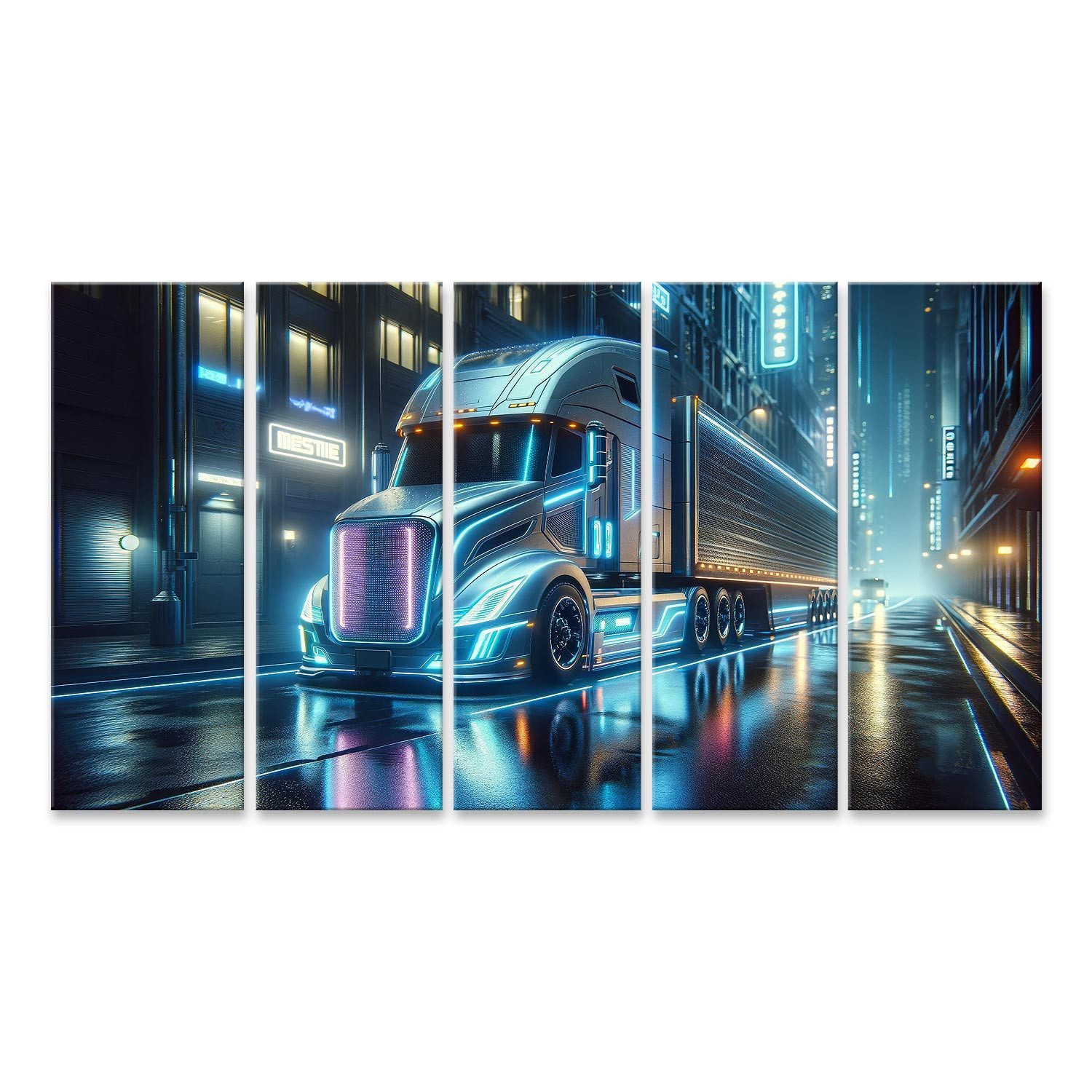 Leinwandbild Futuristischer LKW Sattelschlepper auf nasser Straße bei Nacht