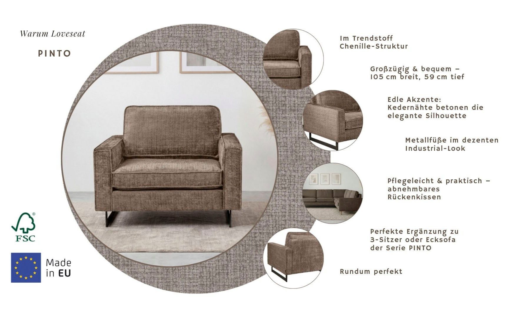 Home affaire Loveseat Pinto 105 cm, Cord, Chenille, Lederoptik, mit Keder, Metallfüßen und auch in Cord Bezug erhältlich