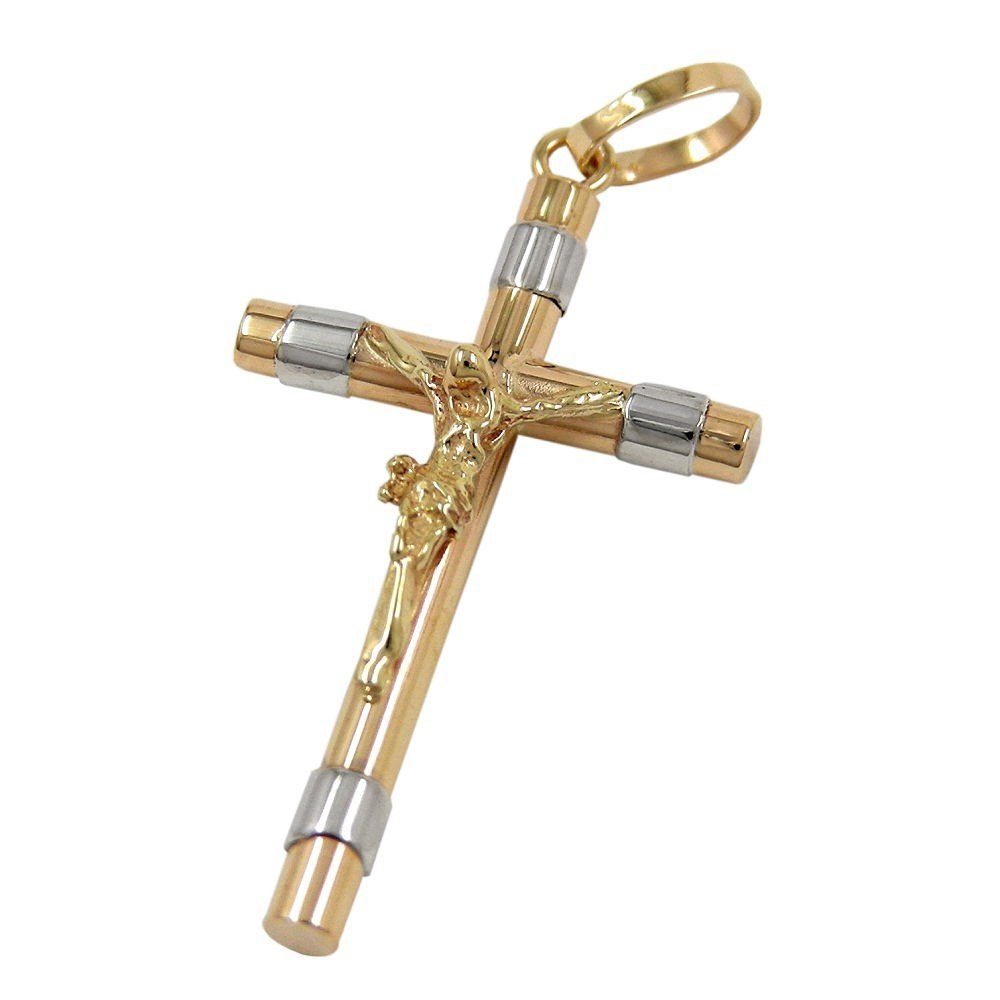 Schmuck Krone Kettenanhänger Kreuz mit Goldkreuz Jesus weiß bicolor, Gold Goldanhänger 333 gelb 333 Gold Anhänger aus