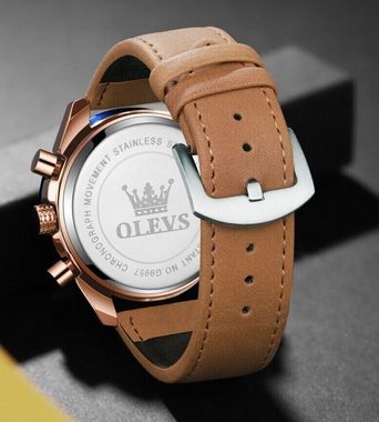 Tidy Quarzuhr Herren-Quarz Chrono Zifferblatt Schwarz Rosegold Braunes Lederarmband, Geschenkbox