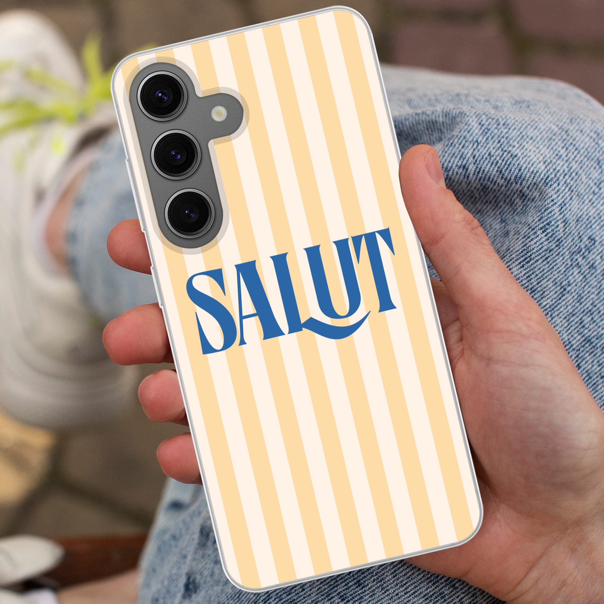 MuchoWow Handyhülle für Samsung Galaxy S24 Salut - Zitat - Streifen - Gelb - Blau - Weiß, Phone Case, Silikon, Schutzhülle Dünn