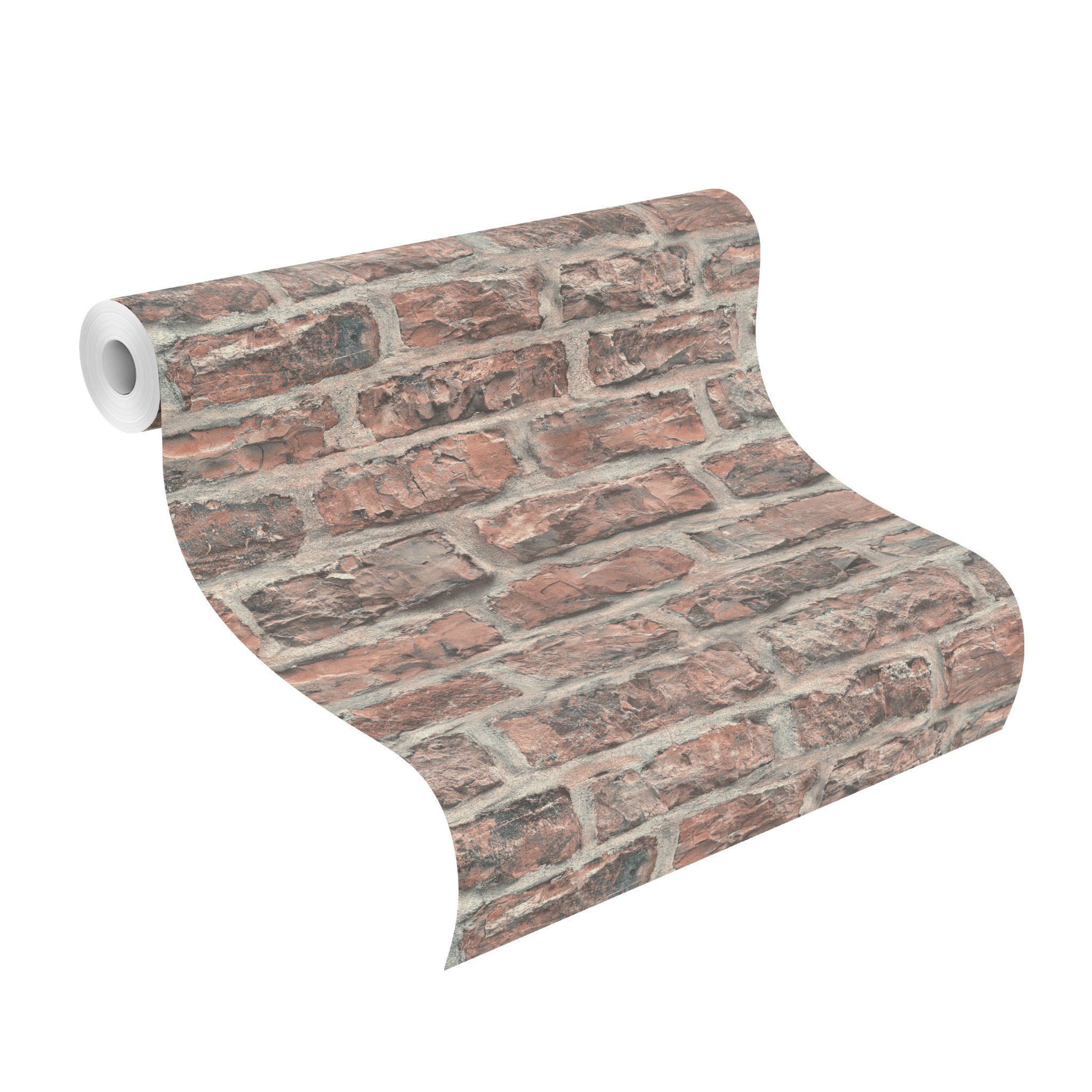 Rasch Vliestapete Steinoptik 3D in Rot und Grau - Brick - Kollektion Factory VI, strukturiert, Steinoptik, Ziegel, Mauer, Mauerwerk, (1 Rolle, 1 St)