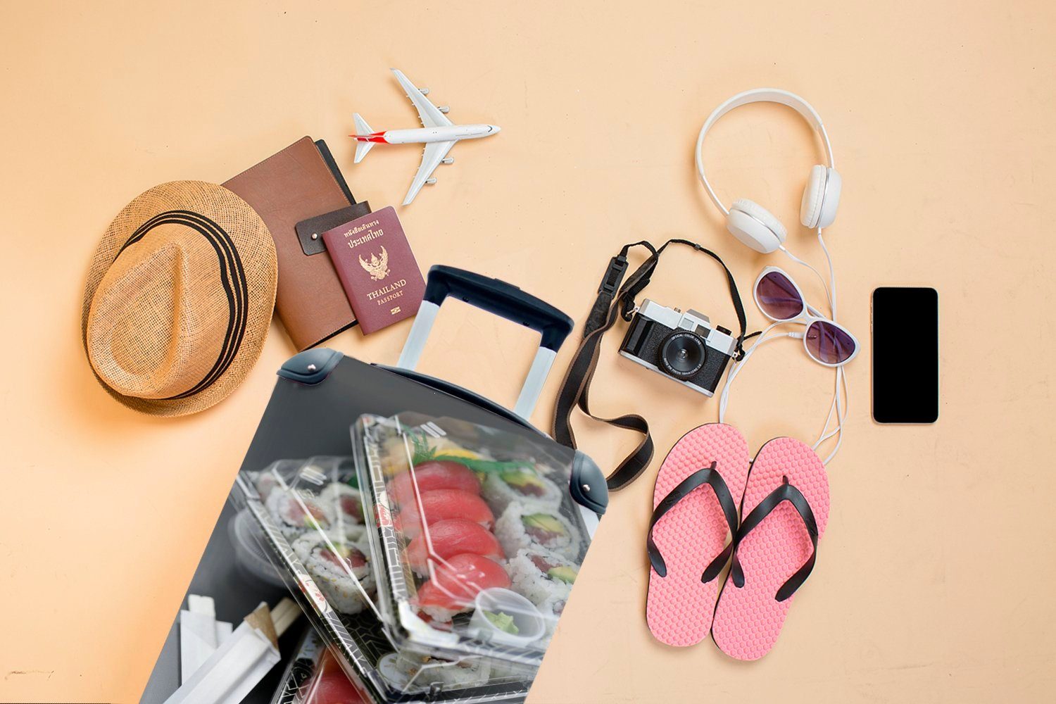 Reisekoffer MuchoWow Rollen, Handgepäckkoffer Handgepäck rollen, Reisetasche 4 Sushi zum mit für Mitnehmen, Trolley, Ferien,